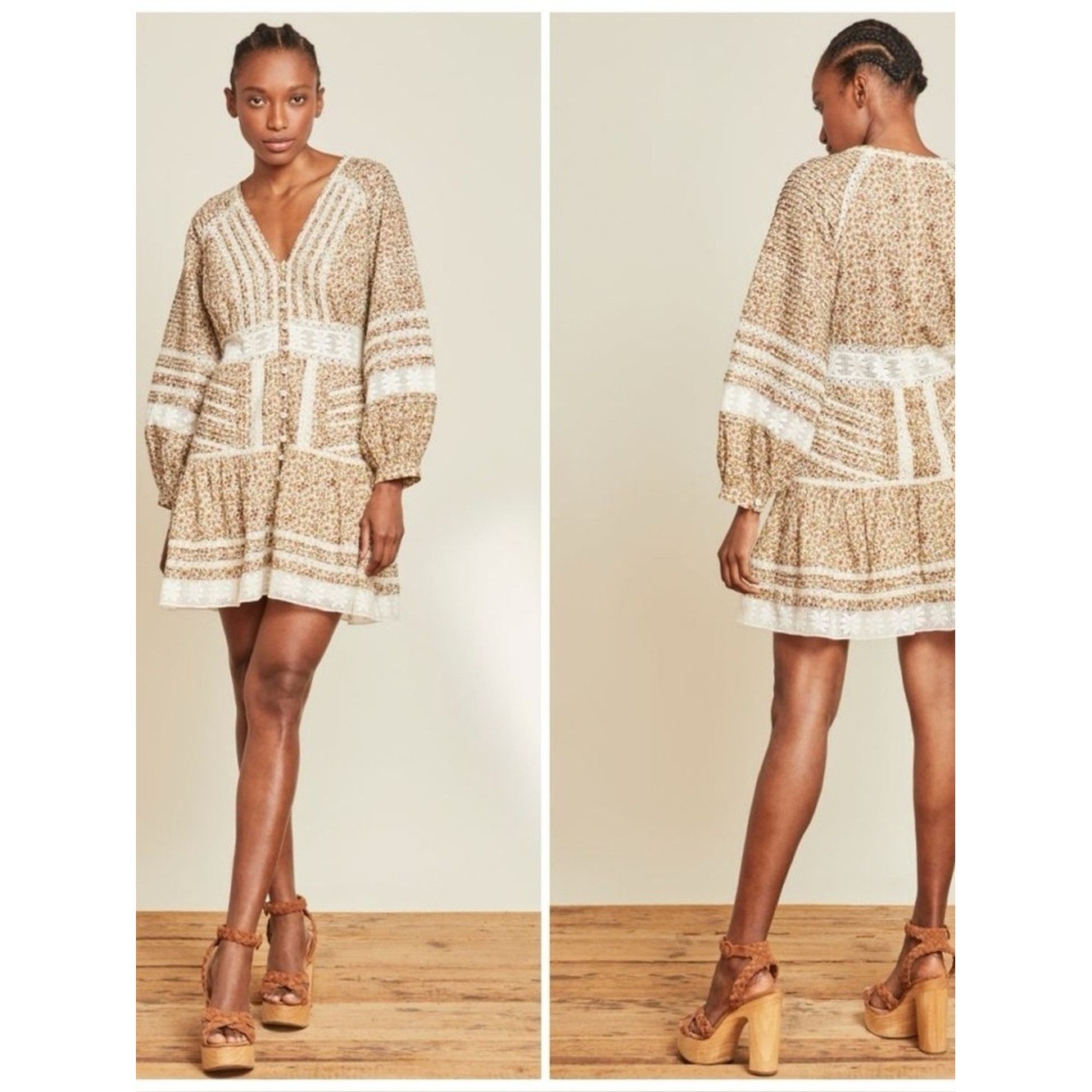 Veronica Beard Addilyn Floral cotton peasant dress with lace trim