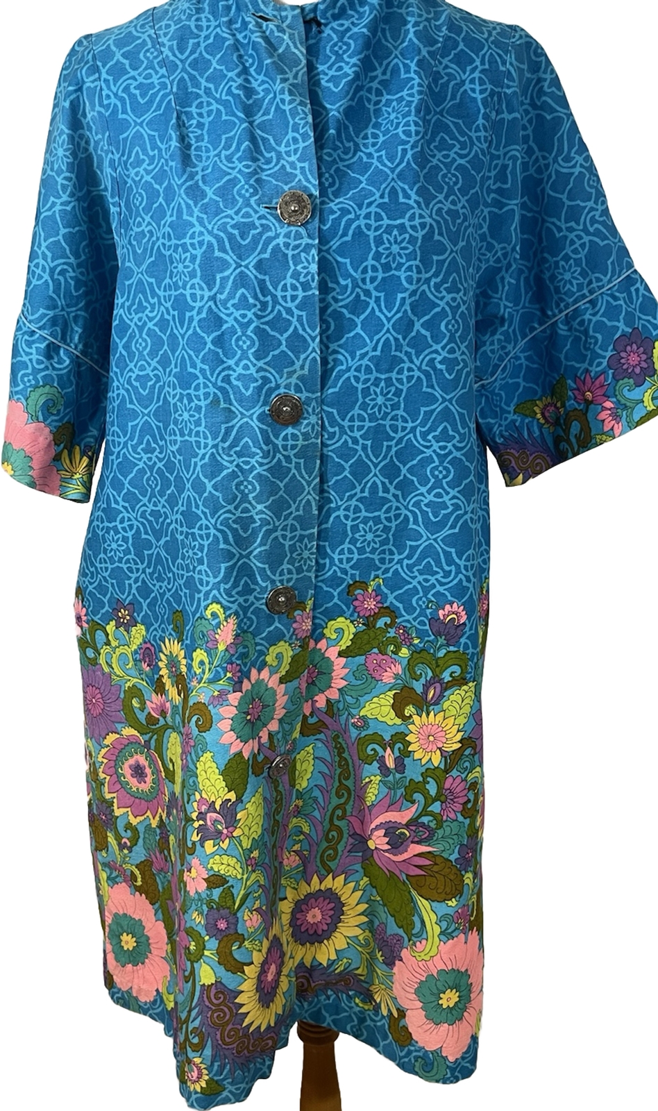 60s Lorraine Robe Barkcloth M Bright Colorful Floral Flaws READ Description Mod