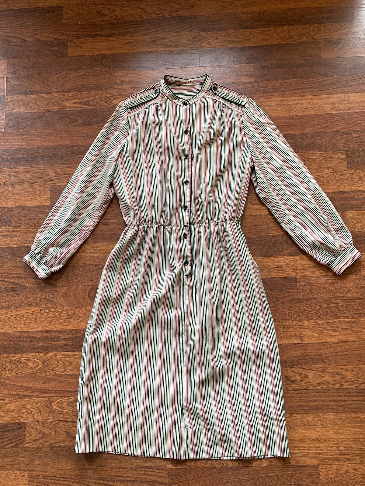 Vtg 70s Nancy Greer Striped Shirt Dress Tan Black Red Green 28 in Waist Small