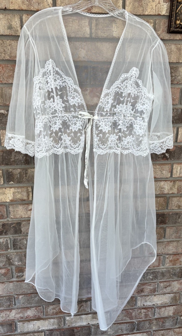 Vtg Taryn Alexander White Bridal Chiffon Lace Peignoir Nylon Nightgown Robe M