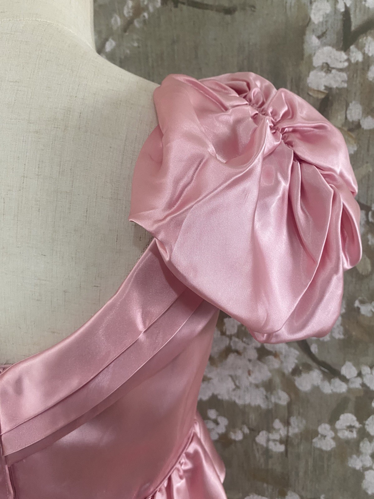 VTG 70’s Pink Satin Union Made Coquette Back Cascade Prom Bridesmaid Dress S
