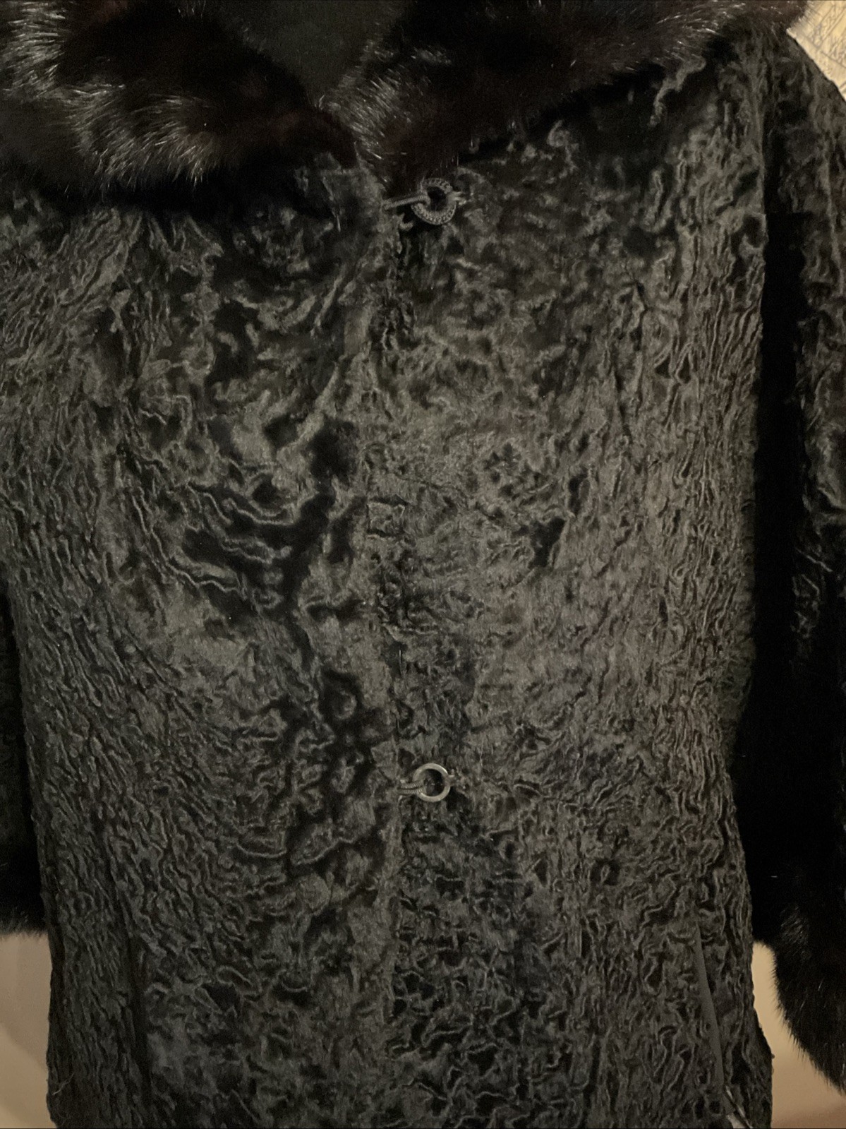 Vintage 1960s Black Curly Lamb Jacket Dark Brown Mink Collar, Black Fur Jacket