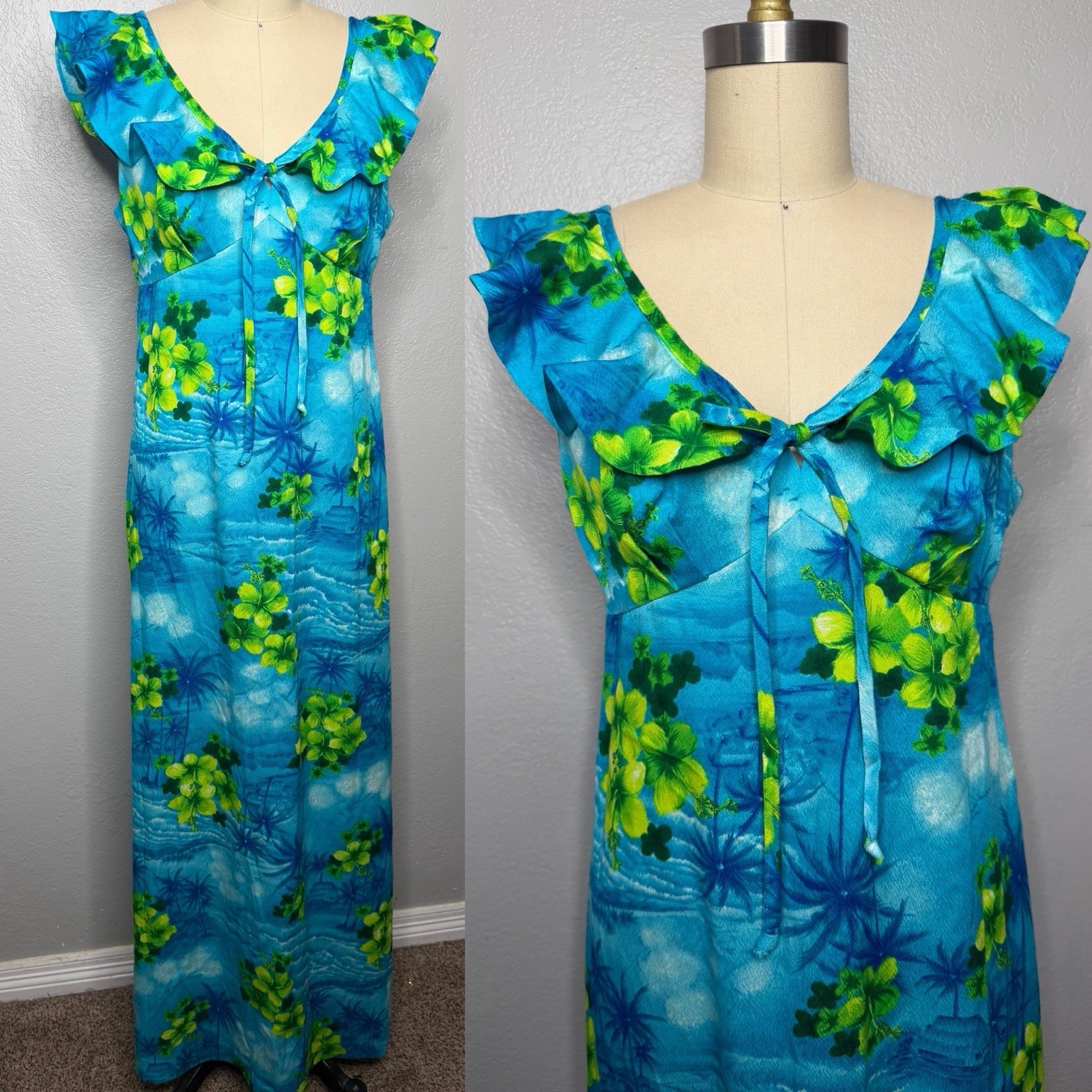 VTG 7Os POMARE Hawaiian Maxi Long Dress Sz M 12 Blues and Greens