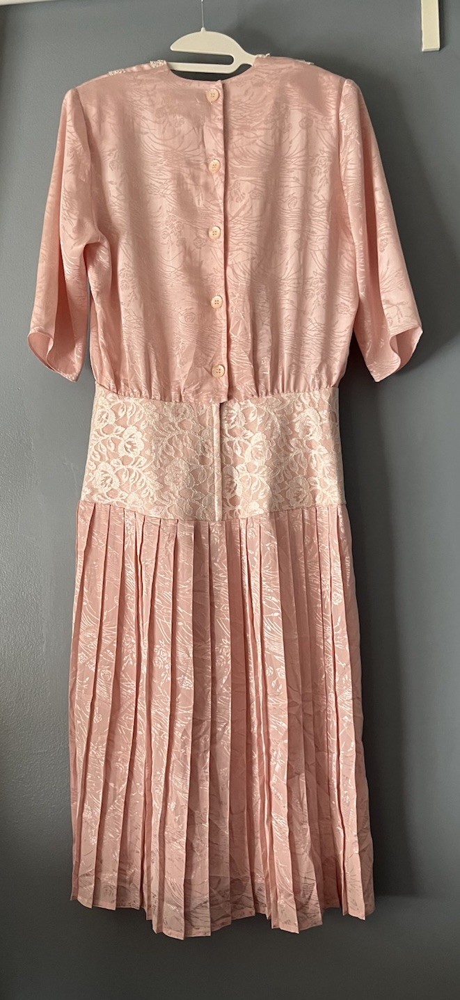 Vtg Nilani Lace Dress Blush Pink Drop Waist Button Shoulder Pads Sz 12