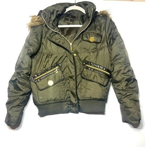 Vtg Y2K BABY PHAT Green Bomber Jacket Womens Puffer Hooded Faux Fur Logo Sz L