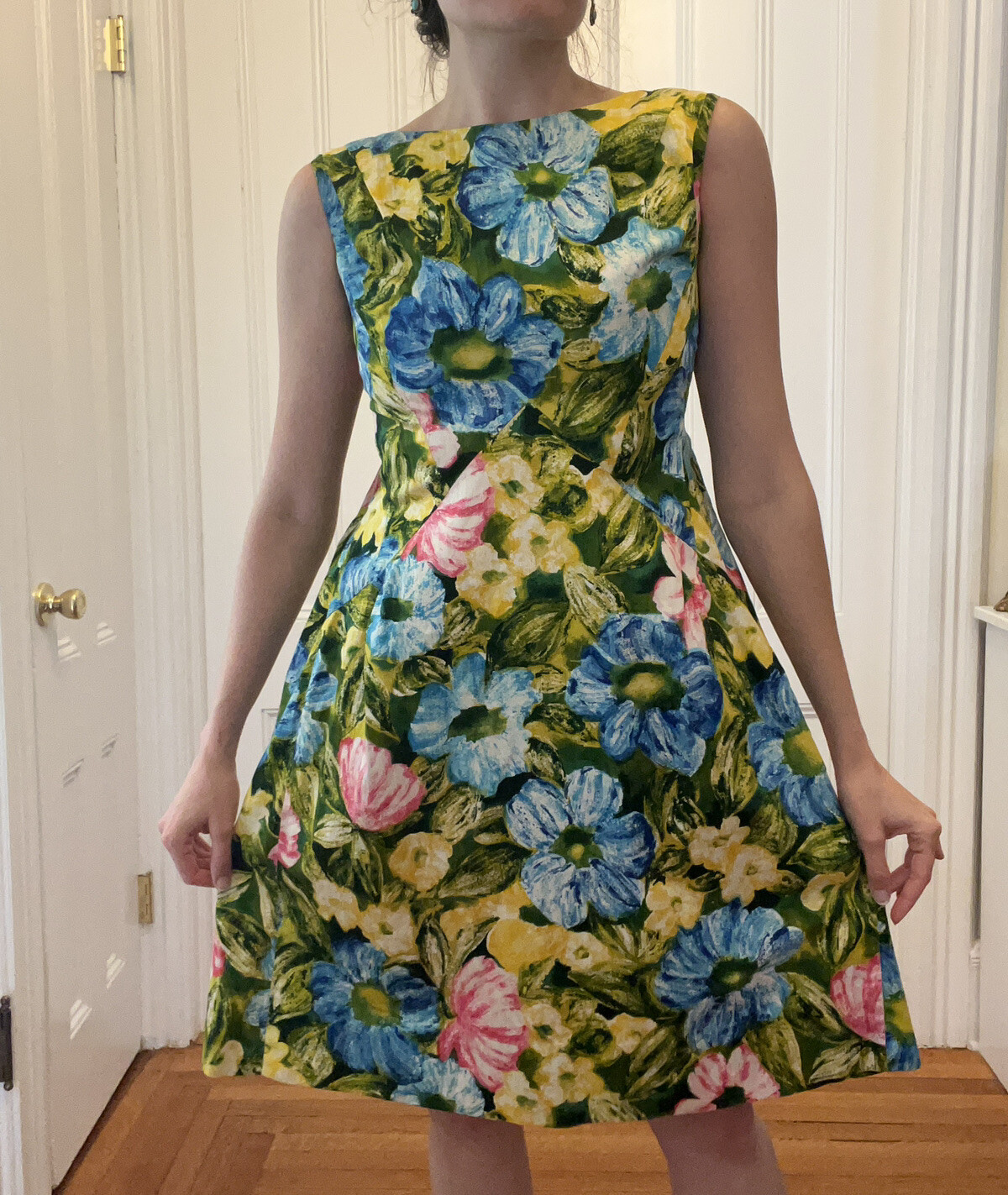 1950s Hawaiian Floral Print Short Dress Kiyomi Hawaii 1960s Caped Cotton