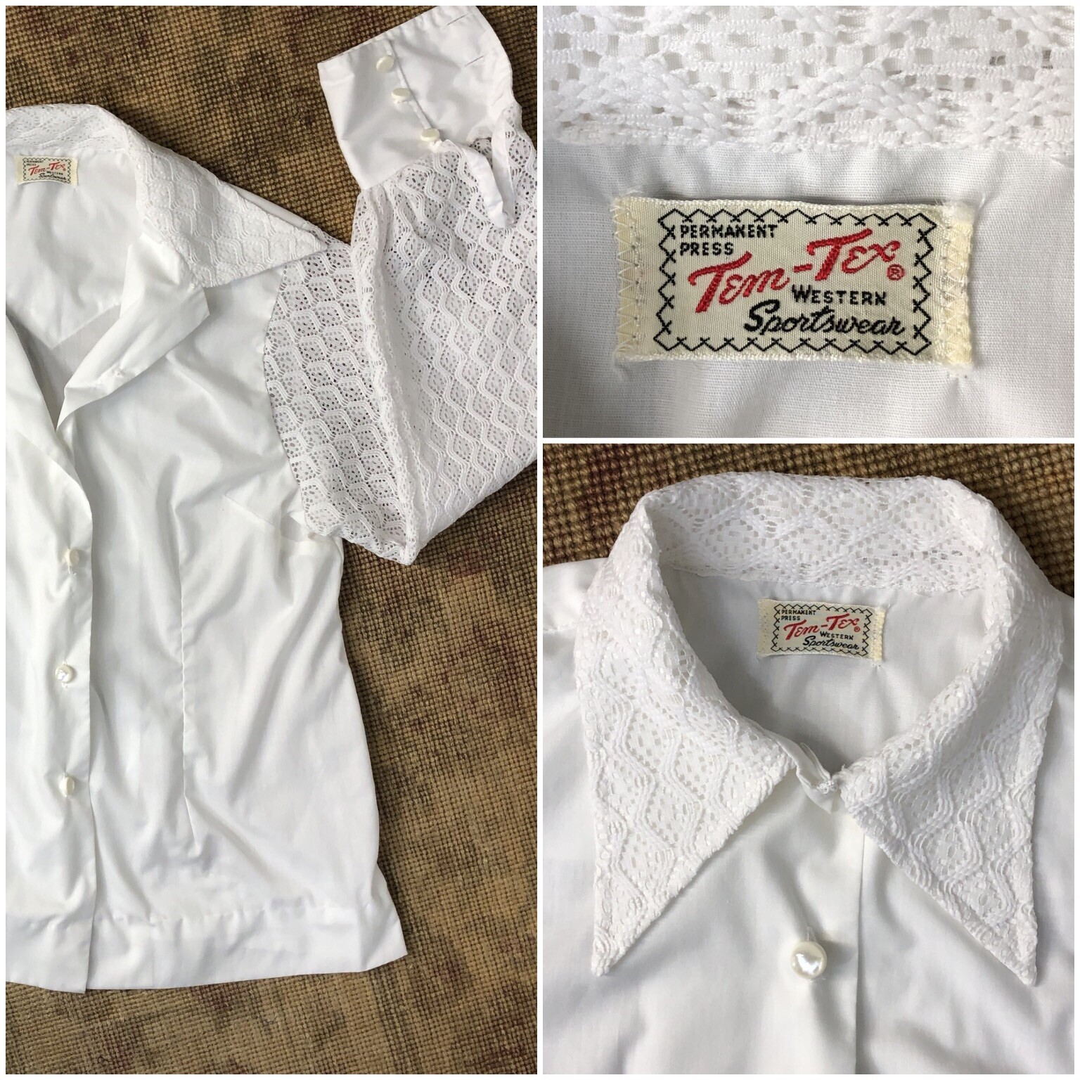 Vintage 70s Blouse White Lace Billow Sleeve TEM TEX Western Shirt Deep Cuff L