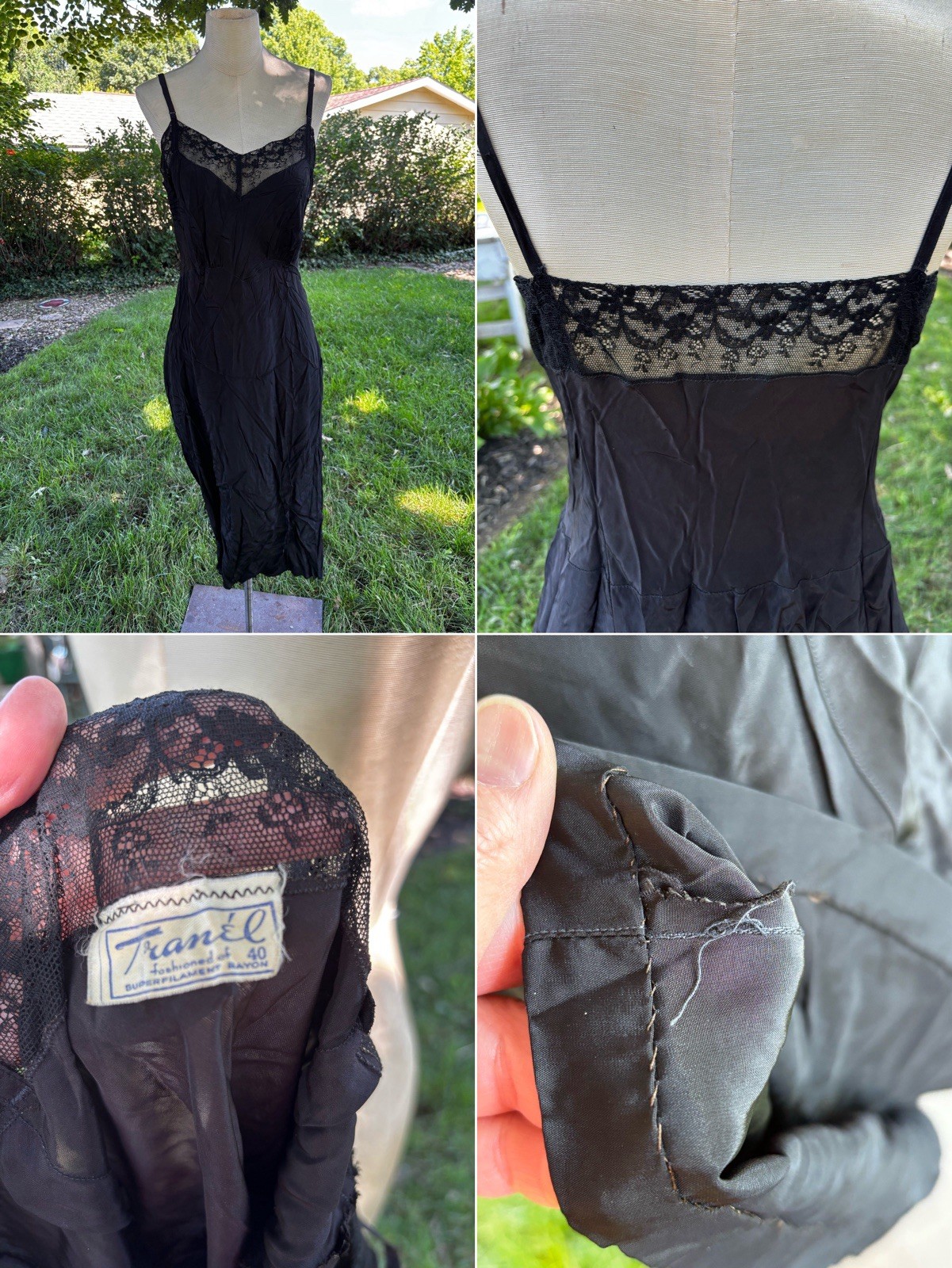 VTG 1940s Black Bias Cut Rayon Midi Slip Dress Lace Sz L 40x30x38″ NICE