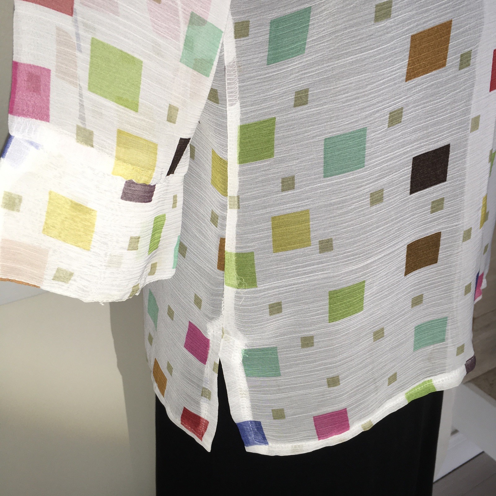 Vtg. Sheer SEA SUNS Mandarin Collar BLOUSE Tiny Multi Color Studs & Buttons RARE