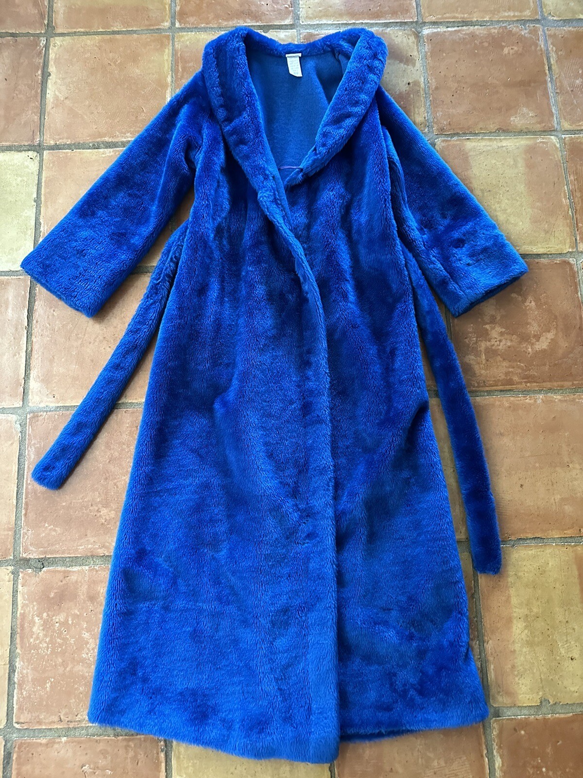 1970s Montgomery Ward Electric Blue Shag Robe Plush Faux Fur Belted Medium VTG