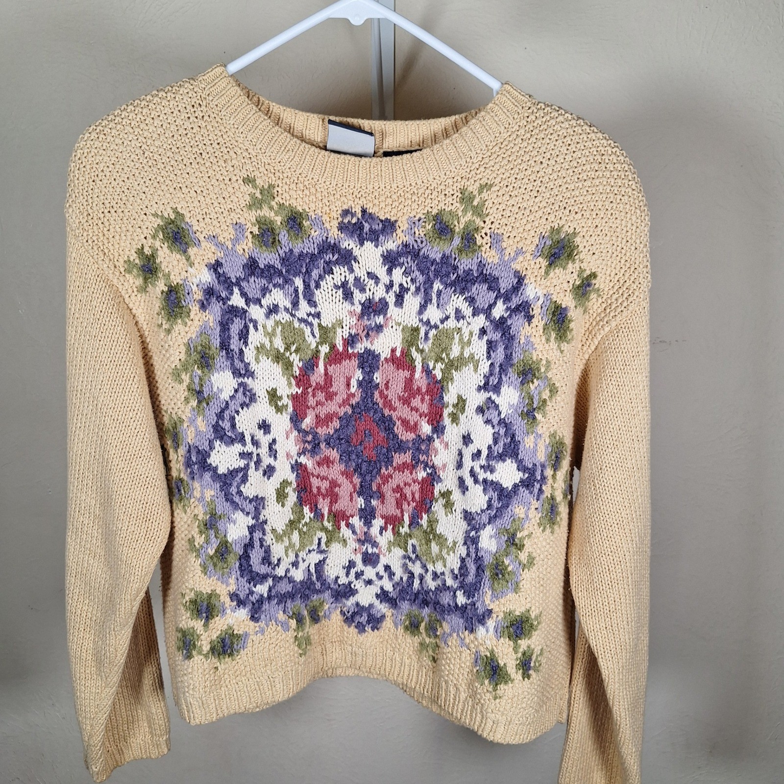 Ĺiz Sport Vintage 90s Hand Knit Cottage Grandma Sweater Shoulder Pads Floral S
