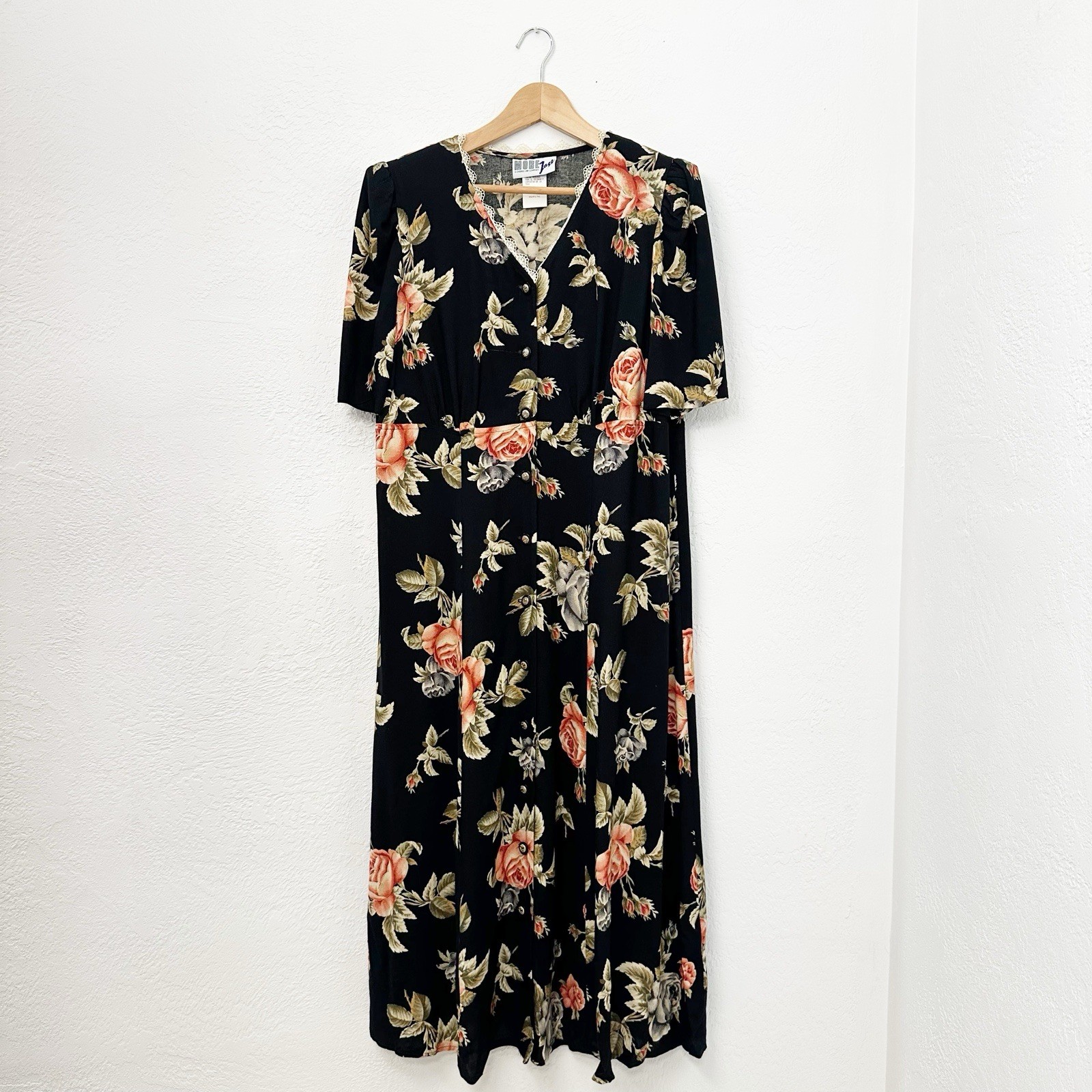 Vintage 90s More Jazz A Chorus Line Black Floral Dress Cottagecore Womens Sz 16
