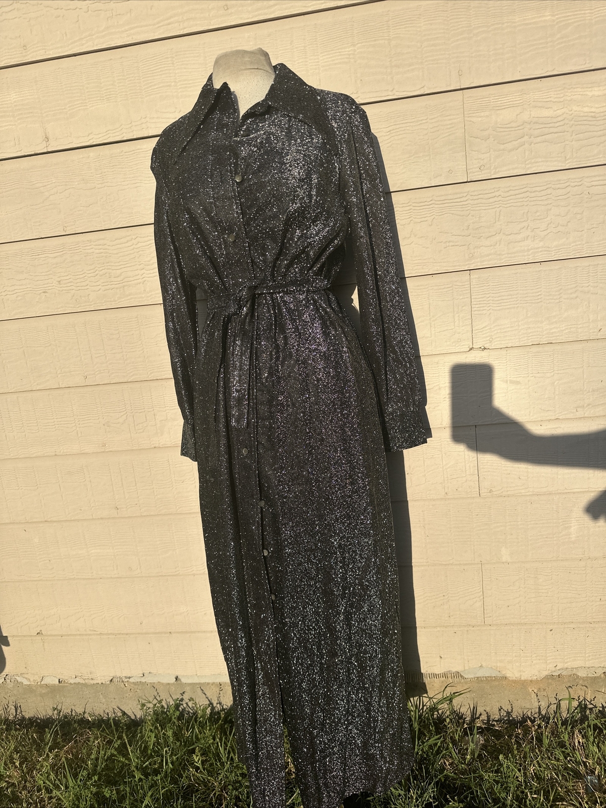 Vintage 70s Metallic Silver Dress Disco Lounge Dance Evening Party Black Long M