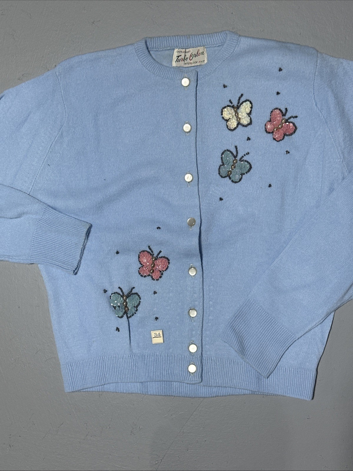 NOS Vtg 1950s Turbo Orlon Cardigan Sweater Baby Blue New 34 Sequined Butterfly