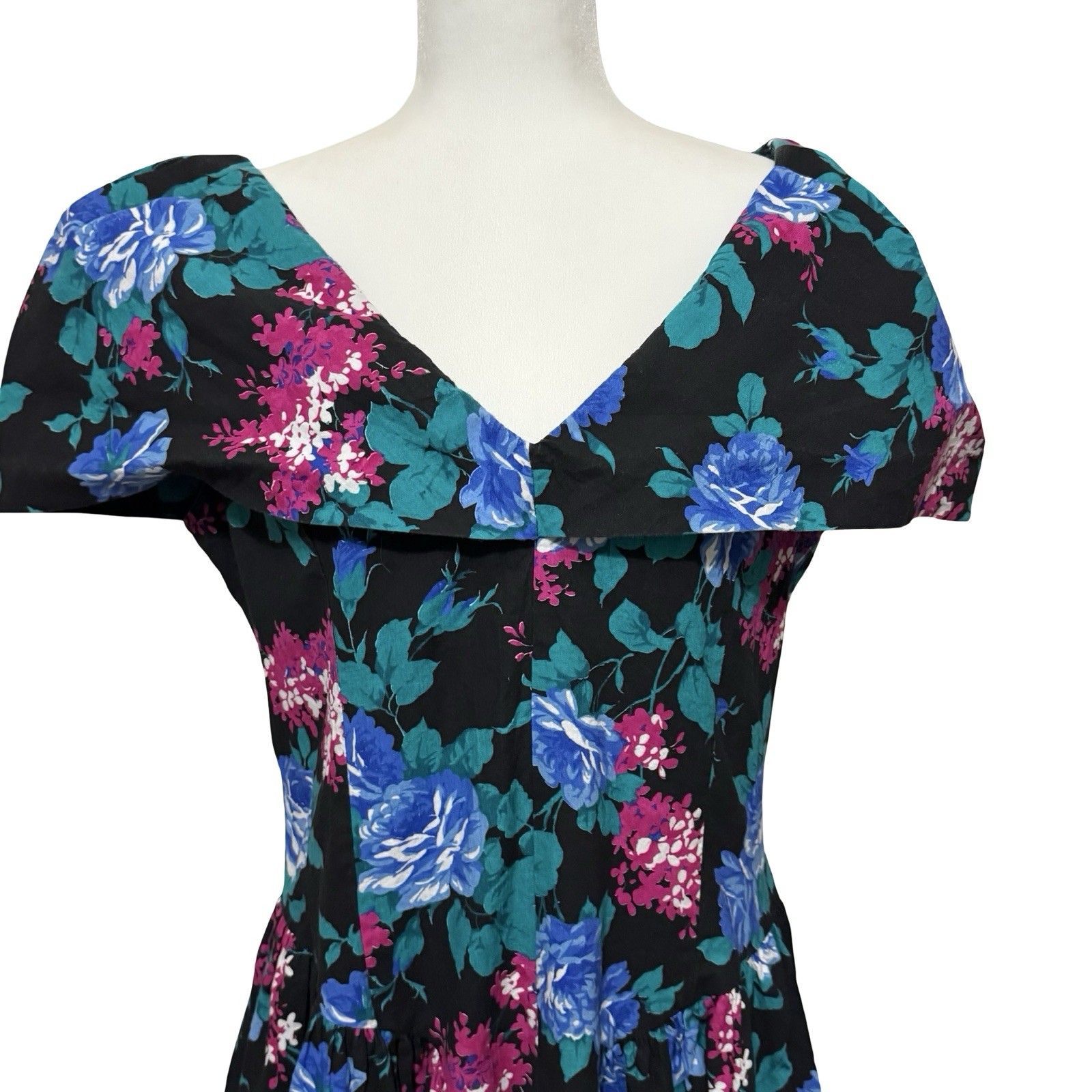 Vintage 80s Floral Party Dress SL Fashions Size Large Big Collar Tea Cottage