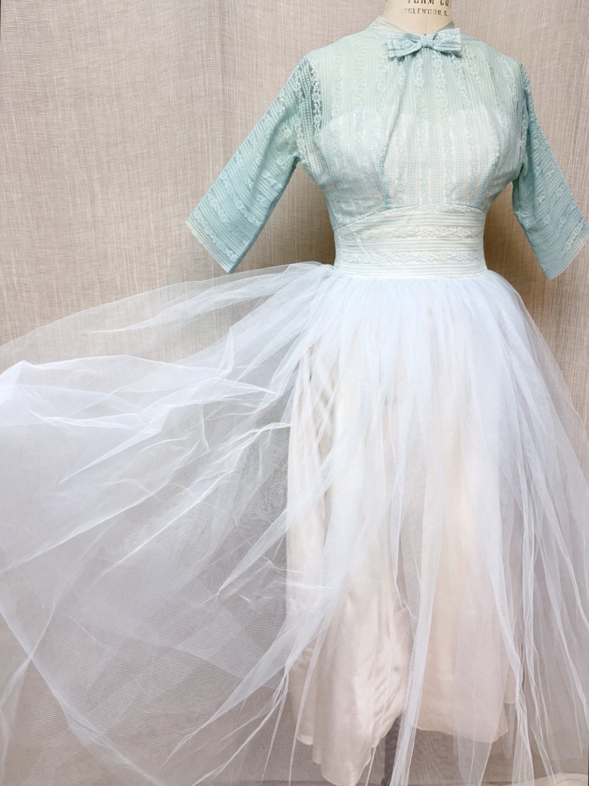 Vintage 1950s Lace Tulle Illusion Dress Wedding Bridesmaid Modest Princess XXS