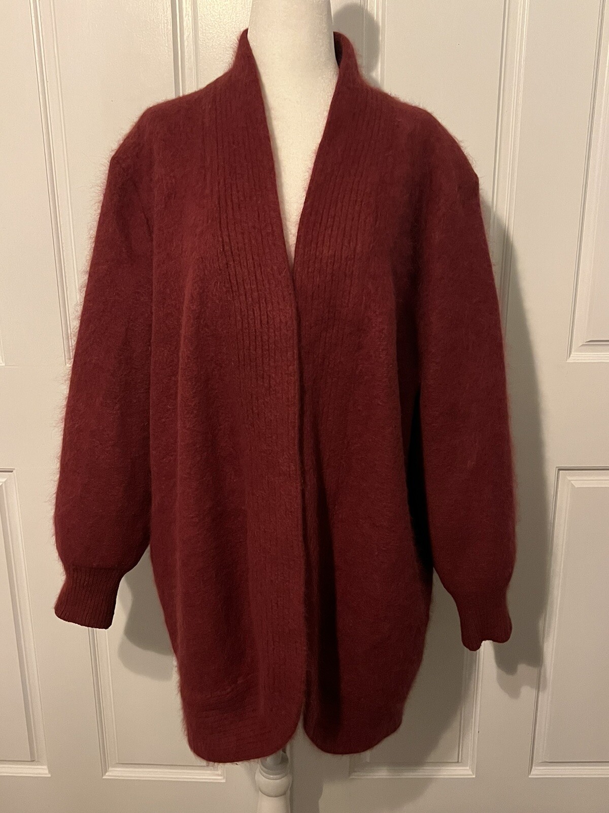 Vintage 1980s Venesha Maroon Red Angora Oversized Sweater Cardigan Jacket XL