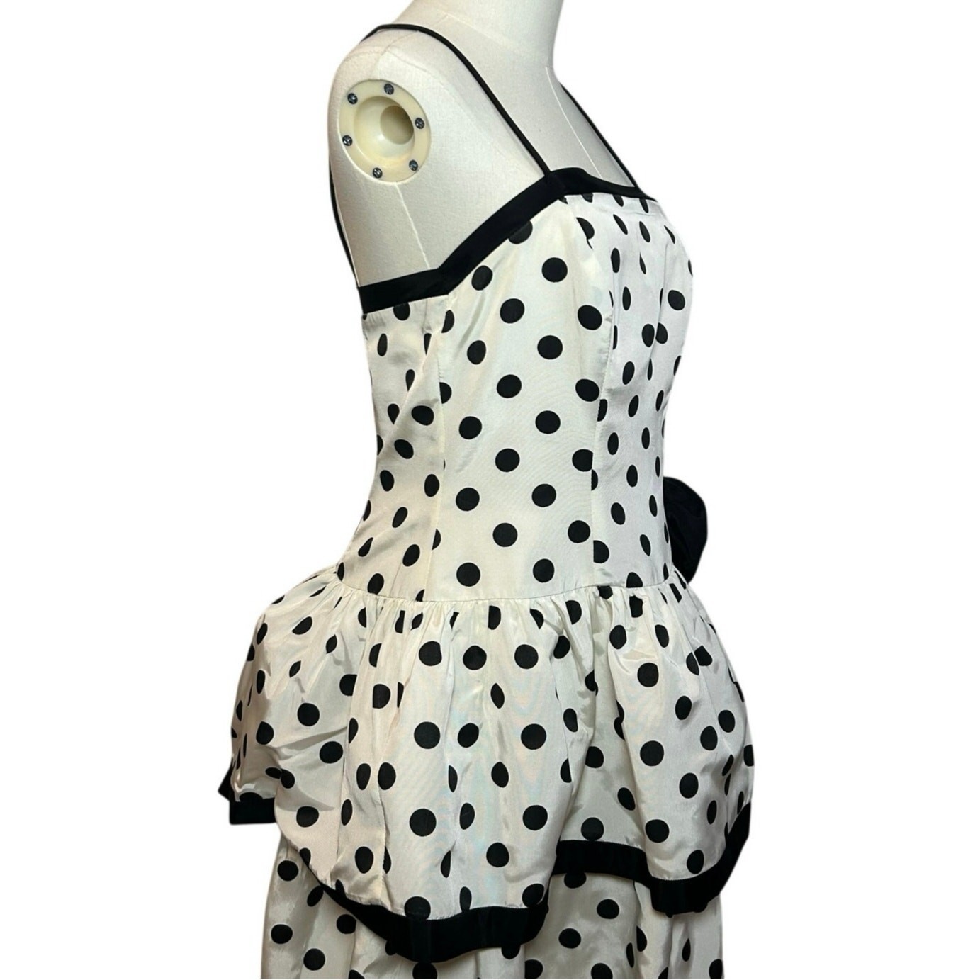 VTG 80s Stop Staring! Polka Dot B&W Medium Tiered Drop Waist Dress Rockabilly