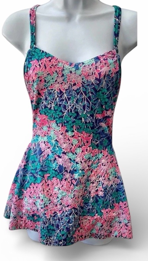 Vtg 60s Robby Len Botanical Floral Skirted Swimsuit 11/12 Flirty Button Straps