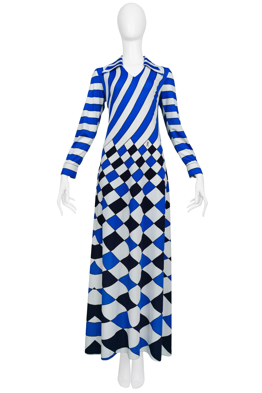 VINTAGE ROBERTA DI CAMERINO TROMPE L’OEIL BLUE, WHITE & BLACK CHECK MAXI DRE
