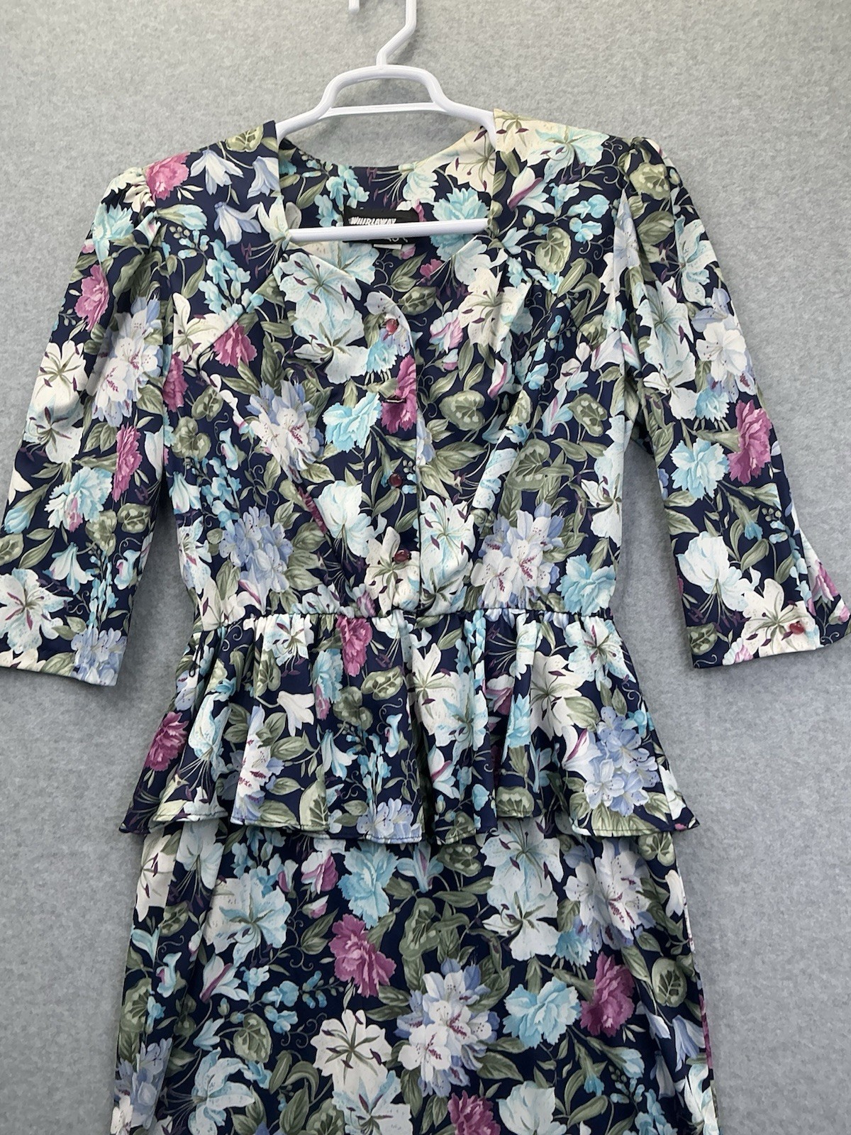 Vintage 80s Whirlaway Floral Peplum Dress Women’s 12P Petite 12 Colorful Midi