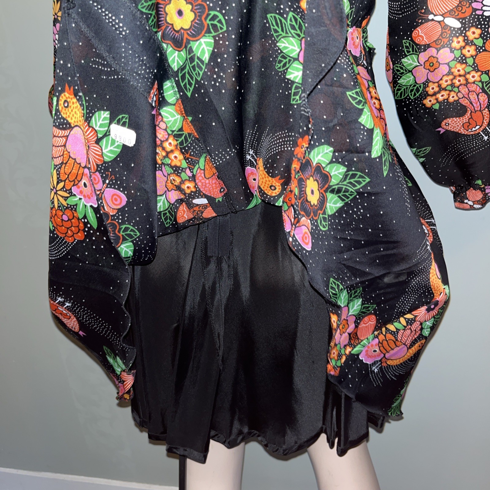 Vintage 70s European Floral Bird Hippie Mod Mini Dress Sheer Puff Sleeve Folk M