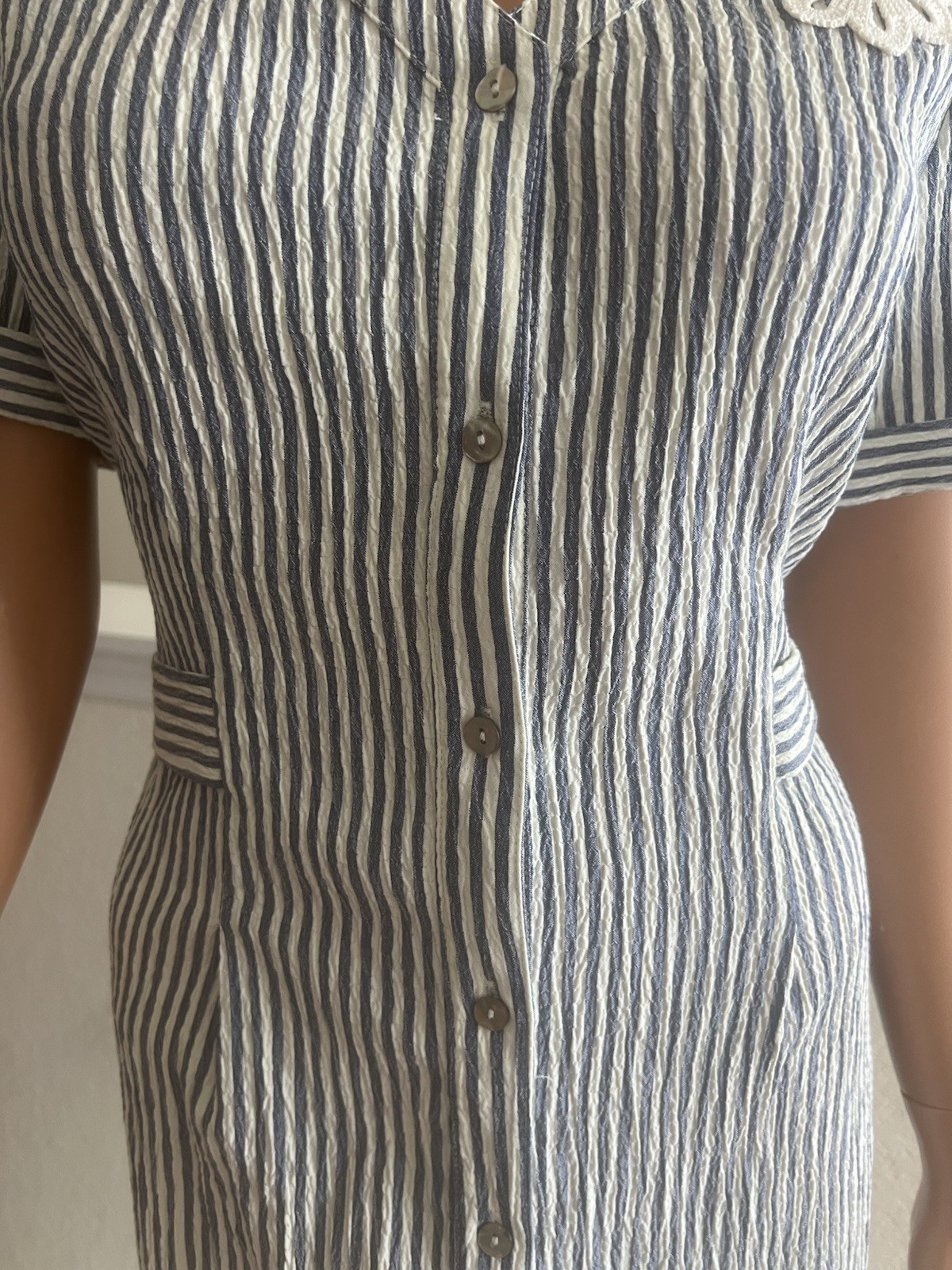 Vintage 80s 90s Seersucker Midi Dress Striped Uniform Style Crochet Lace Med