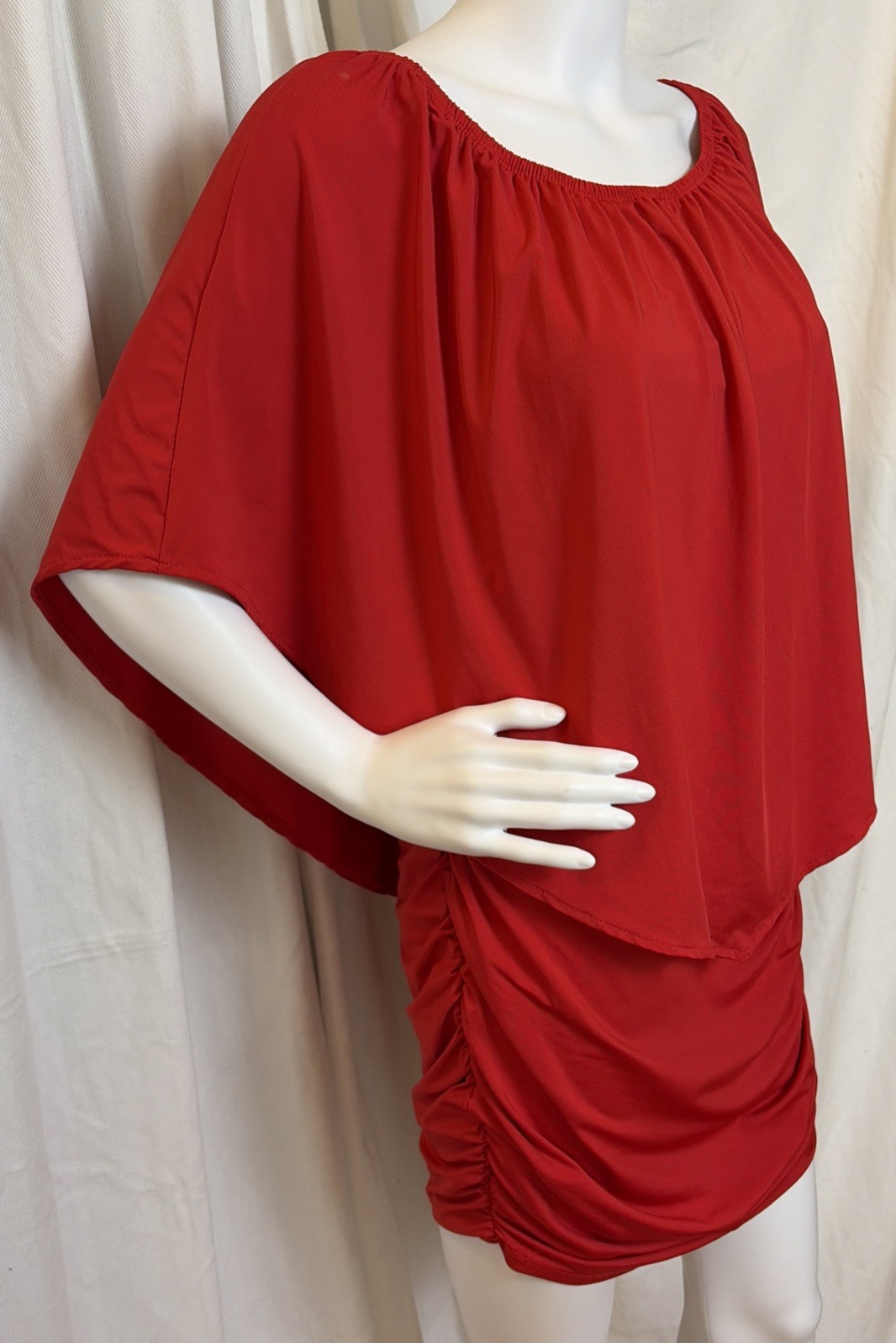VTG 70s 80s Sexy Disco Party Clubwear Red Ruched Dolman Capelet Mini Dress S/M