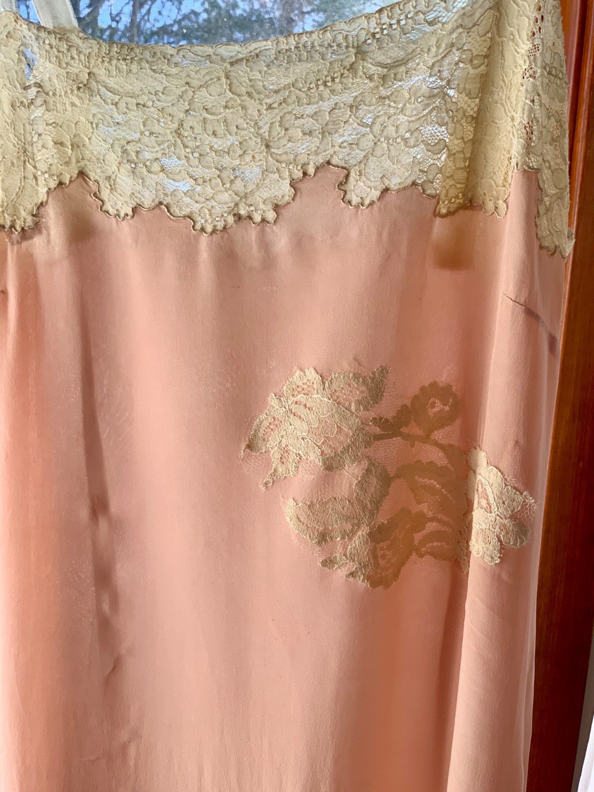 1940s Peach Silk Slip Dress with Antique Lace Appliqué — Pure Silk Boudoir Dress