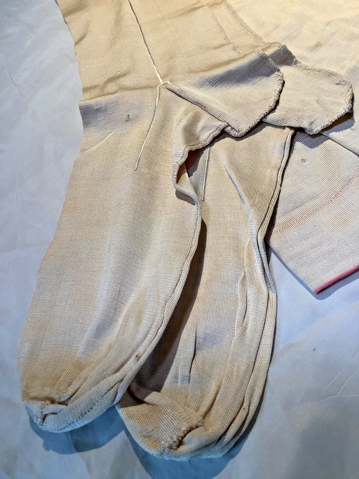 Antique silk Victorian knit Stockings ivory 10 hand sewn Monogram lisle France