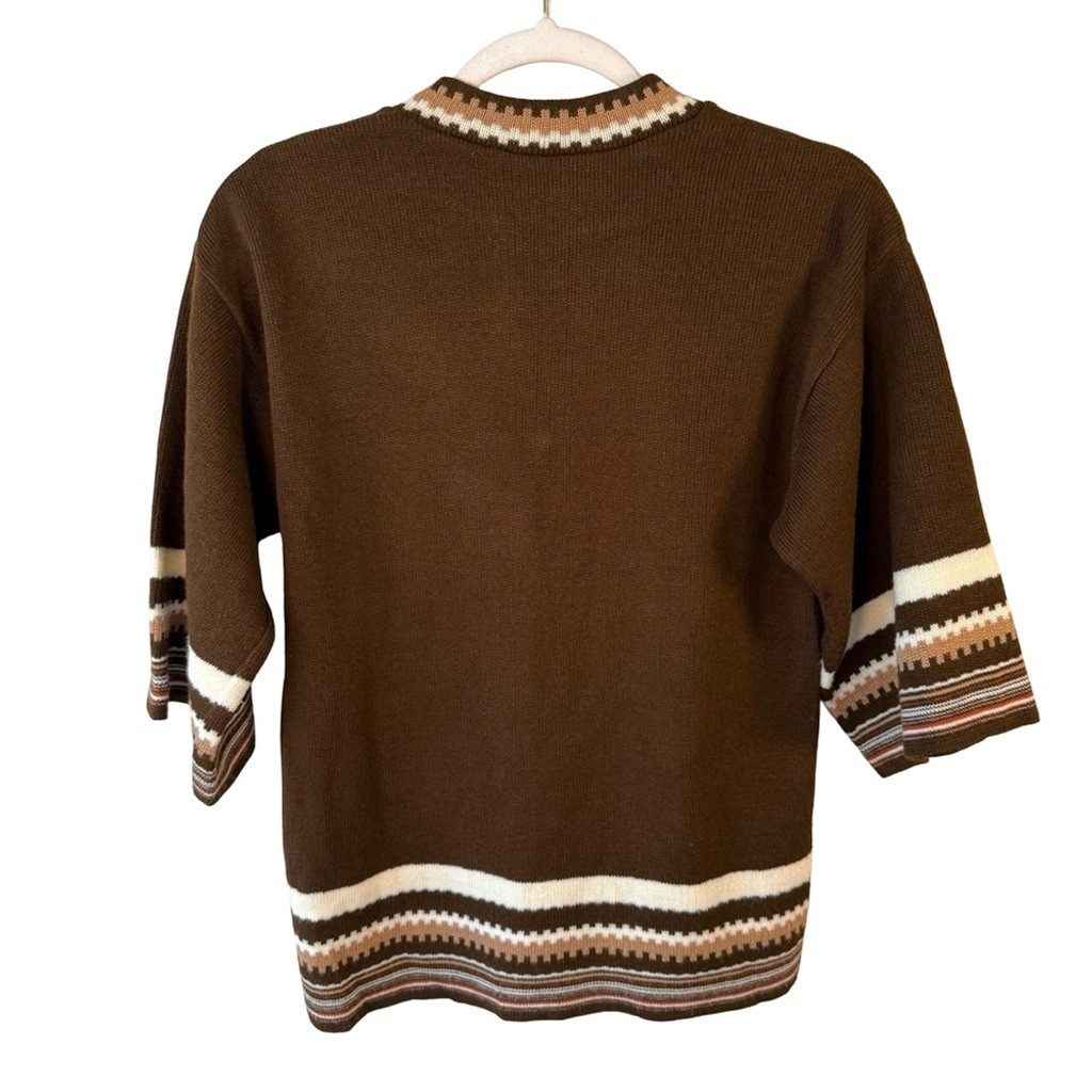 Vintage 70s Boho Brown Striped Sweater Size XS S Retro Unisex Cozy Classic