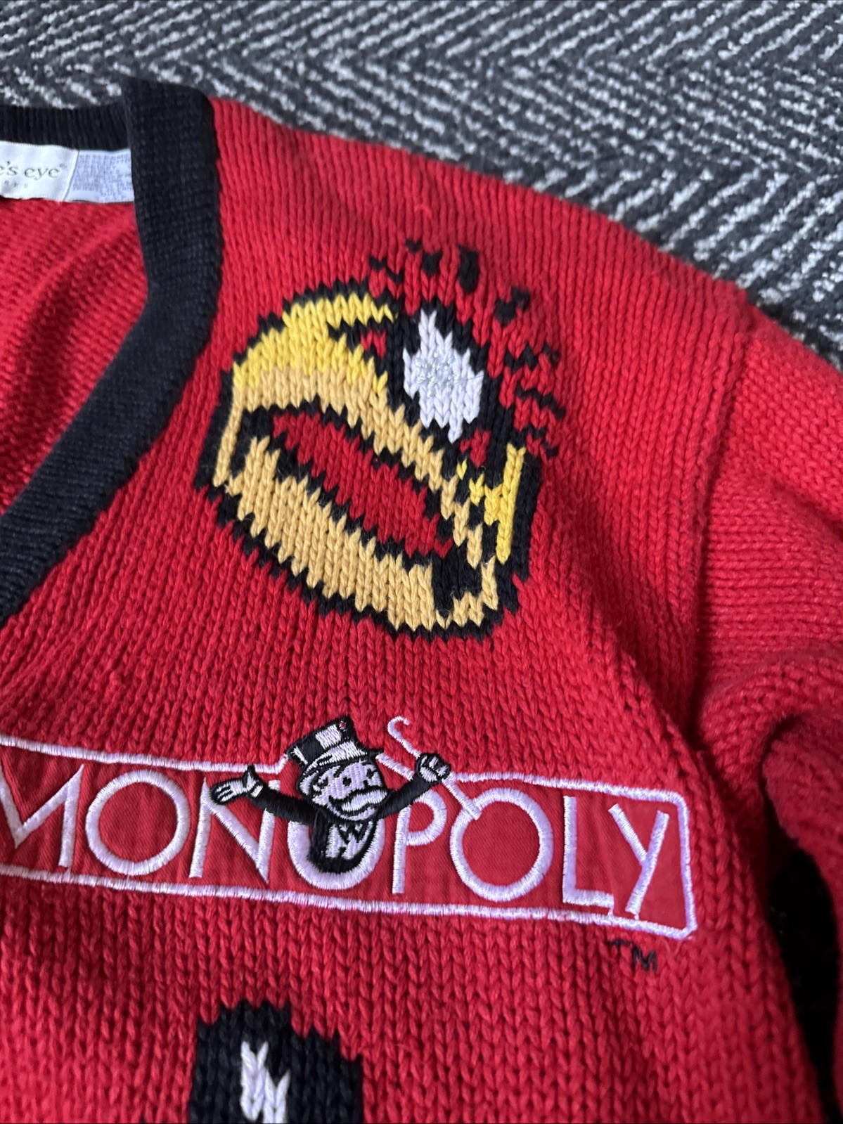 Vtg The Eagle’s Eye MONOPOLY BOARD GAME knit cardigan Women’s Size Medium RARE!