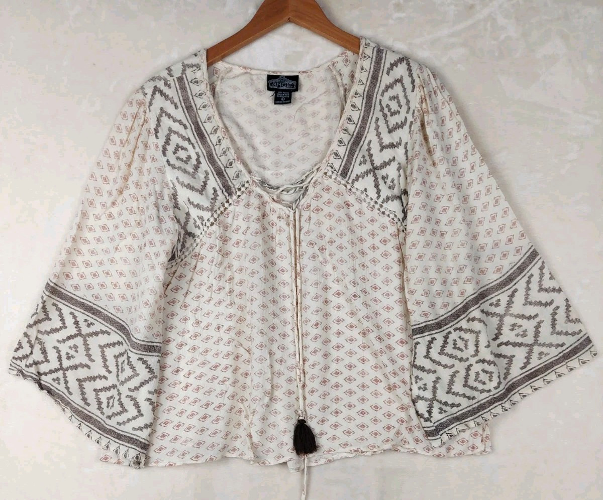 VTG Angie Boho Peasant Prairie Top Womens Large Blouse Babydoll Bell Sleeve