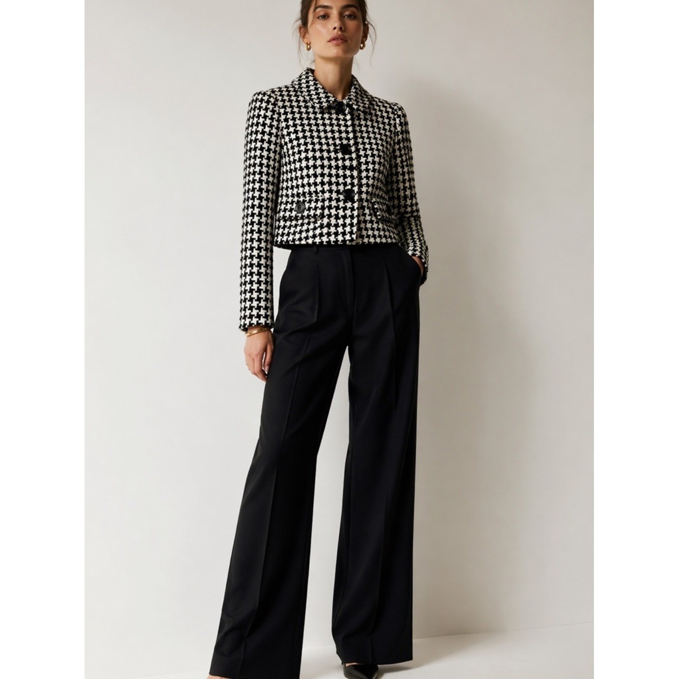 Liz Claiborne Houndstooth Cropped Blazer Jacket Sz 4 Black White VTG Career Chic