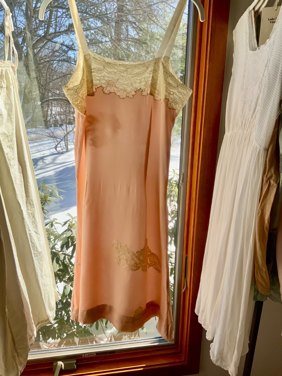 1940s Peach Silk Slip Dress with Antique Lace Appliqué — Pure Silk Boudoir Dress