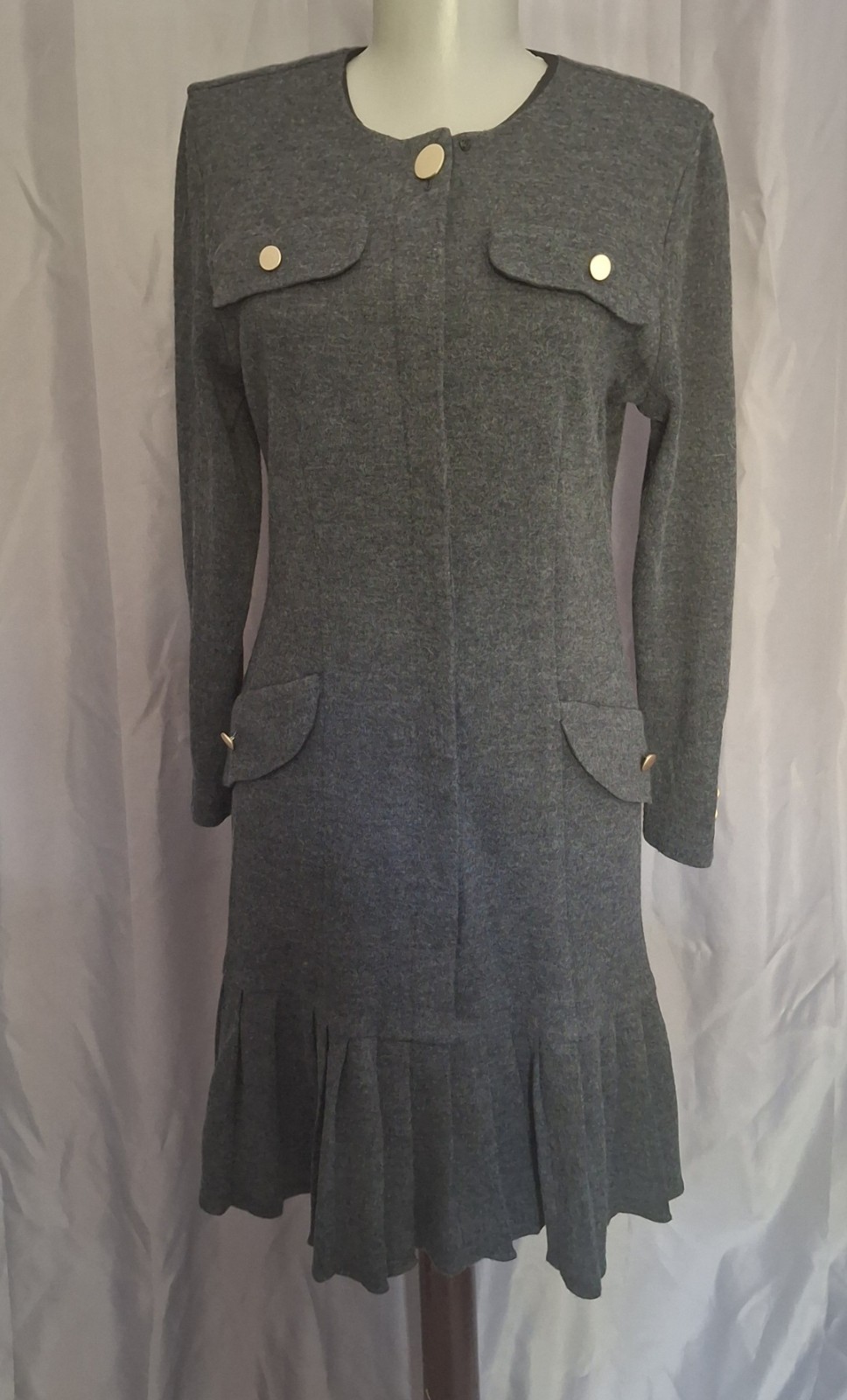 Vtg 70s Kwai Business Chic dress gold buttons grey drop waist Sz 6P minimalist