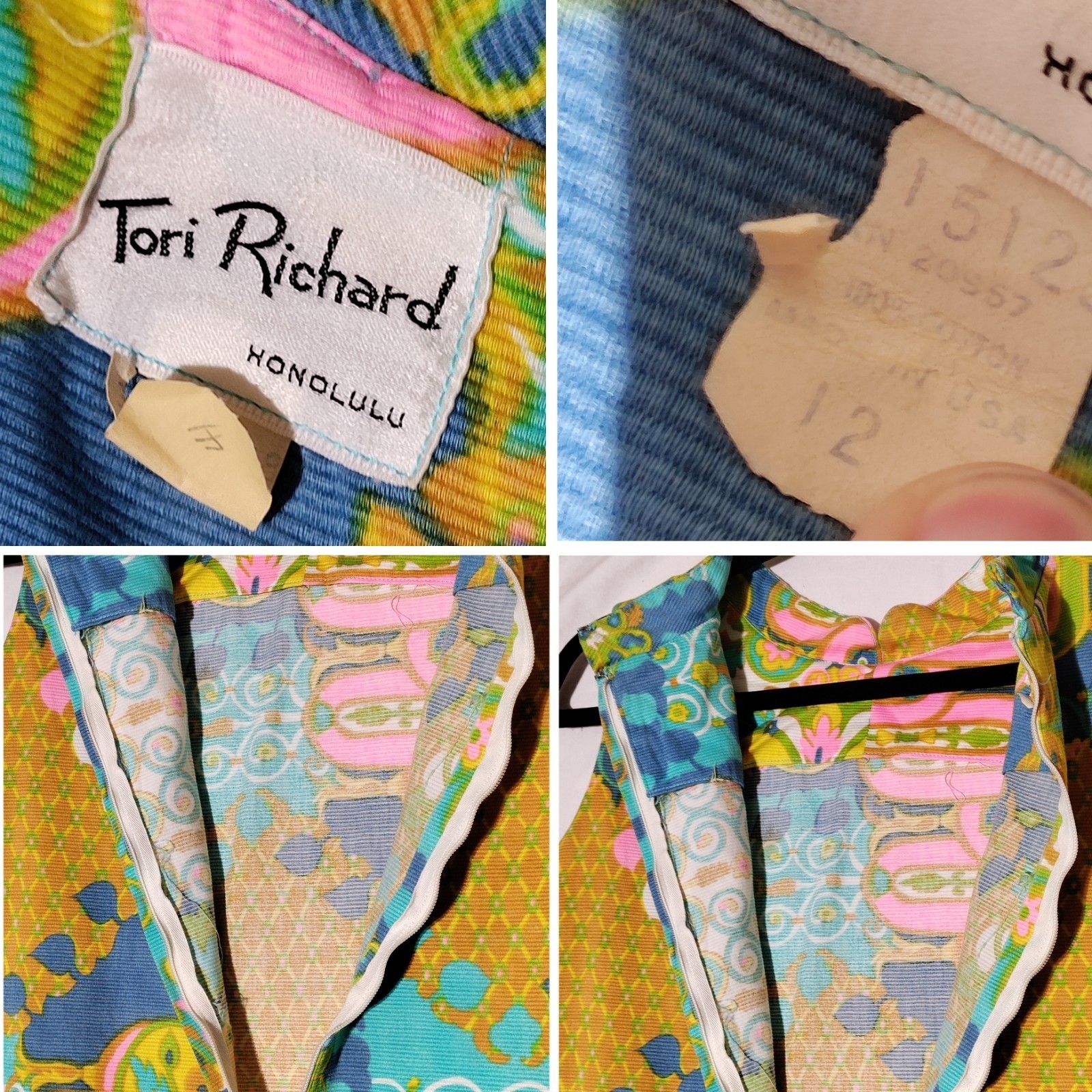 Tori Richard Hawaiian psychedelic 60s Multicolor Shift Dress Sz 12 Vtg