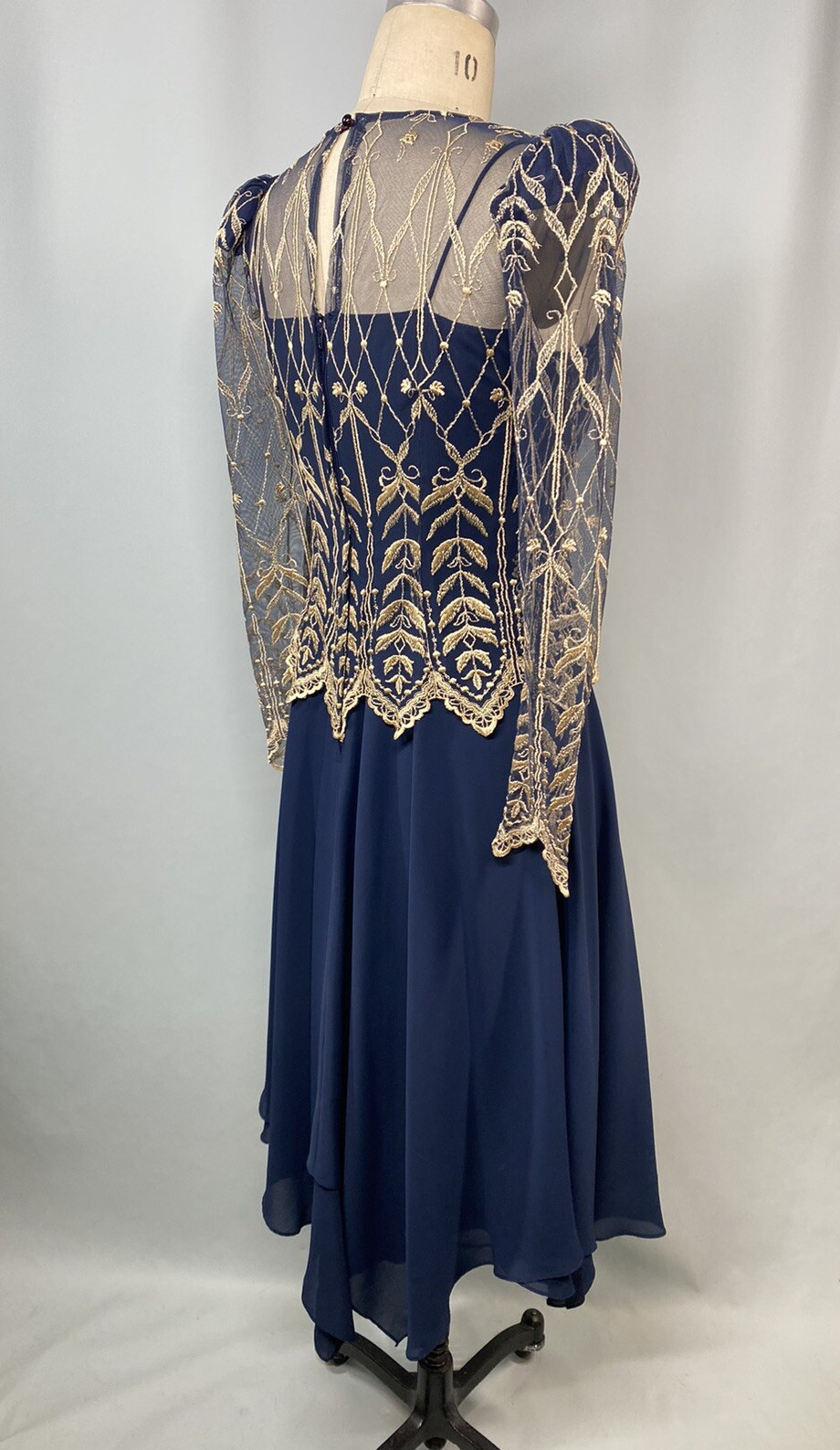 Vintage Dress SIZE SMALL 7 /8 navy blue gold CACHET lace 70s 80s 40s georgette