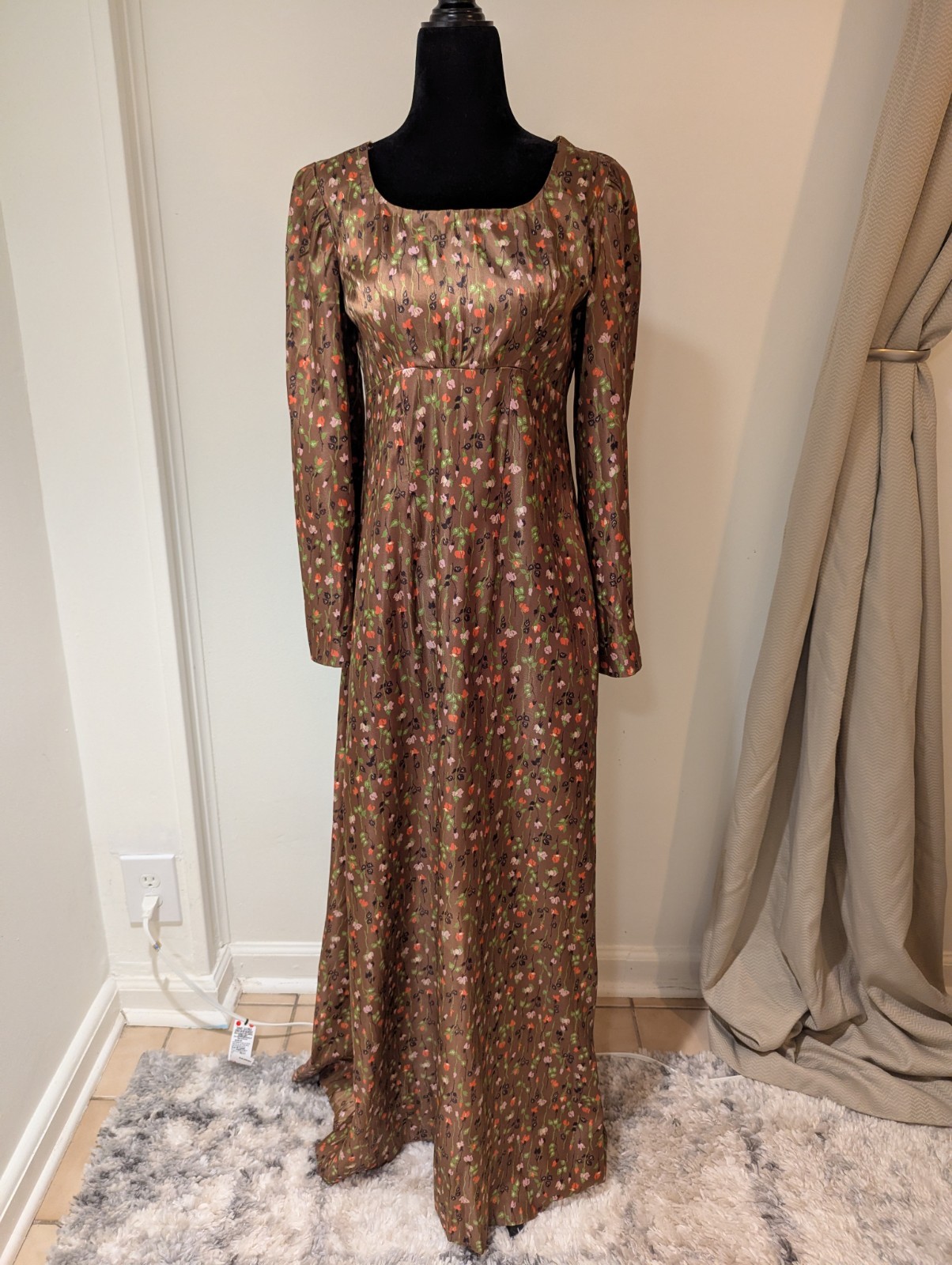 Vintage 1960s Handmade Satin Maxi Dress Empire Waist Brown Orange Pink Floral XS