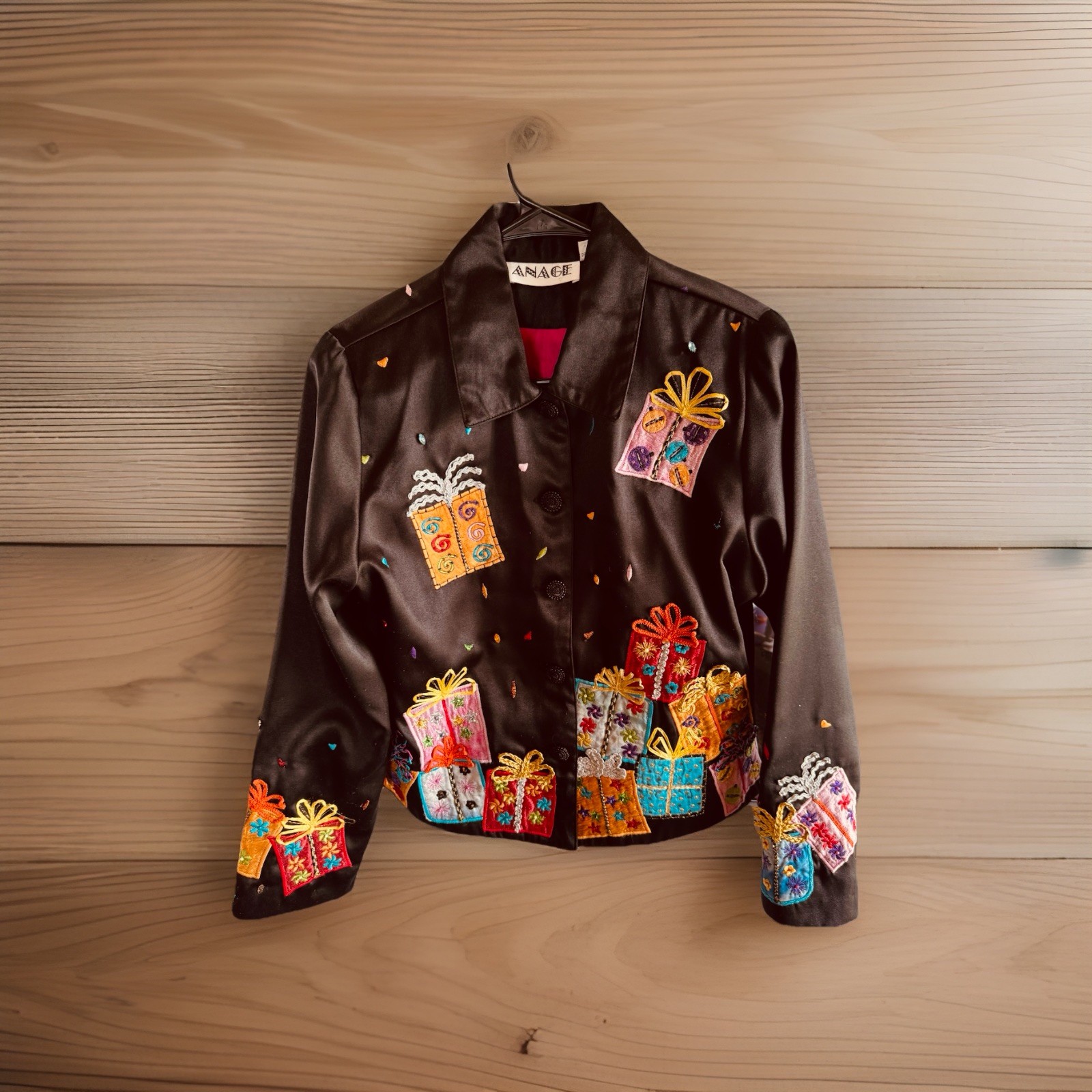 Vtg ANAGE Whimsical Gift Boxes Wearable Art Jacket Women’s Size Small