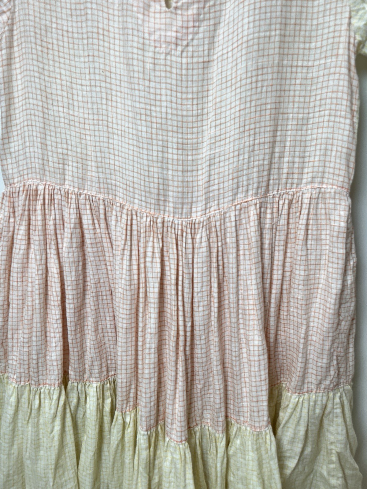 Vintage Cotton Gingham Fabric Orange & Yellow Checkers Pleated Full Skirt Dress
