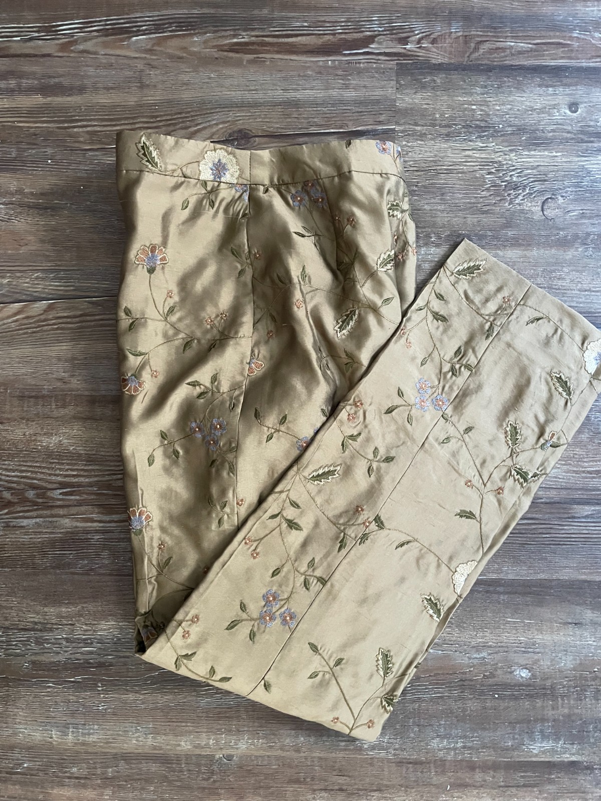 Vtg Dana Buchman Black Label Silk Trousers SZ 6 Embroidered Gold Green Floral