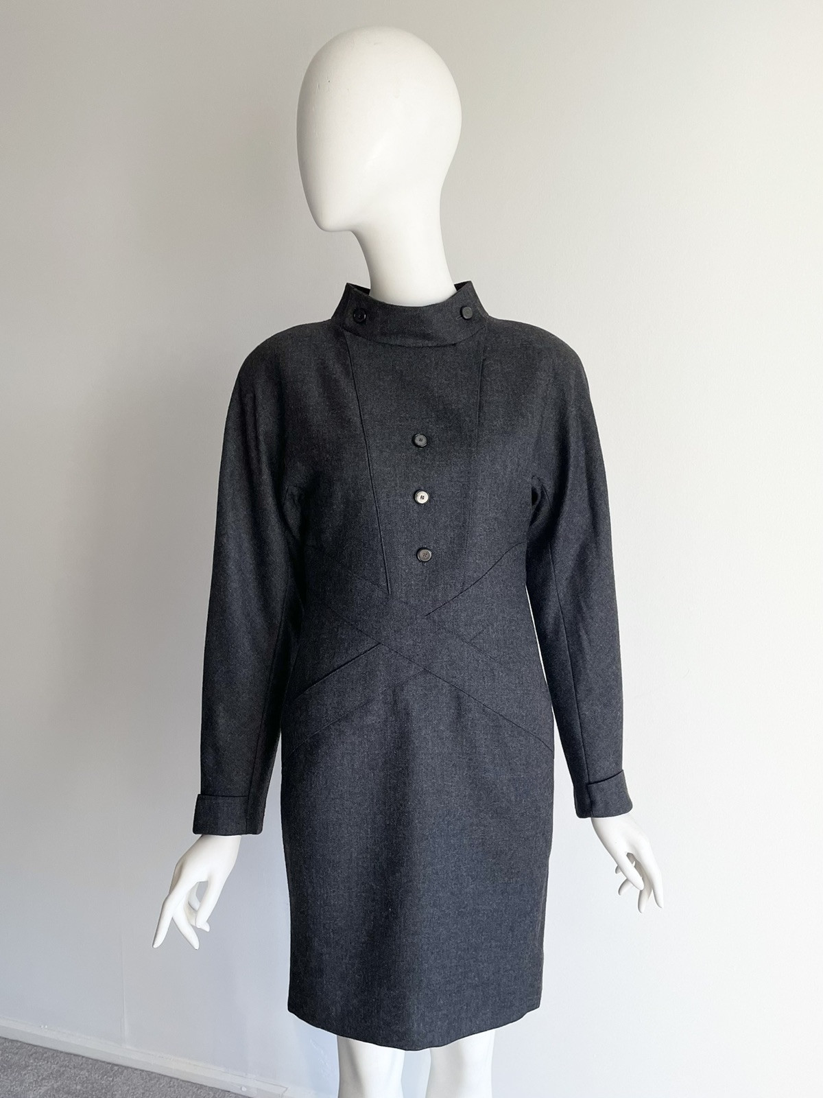 Vintage 1980s Chloe Gray Wool Dress Cross Front Buttons Shoulder Pads Size XS