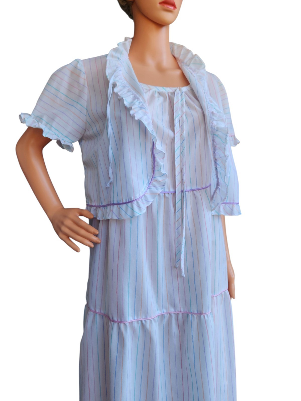 Vtg Brandywine 2-Piece Set Striped Tiered Maxi Prairie Dress & Bolero Jacket M