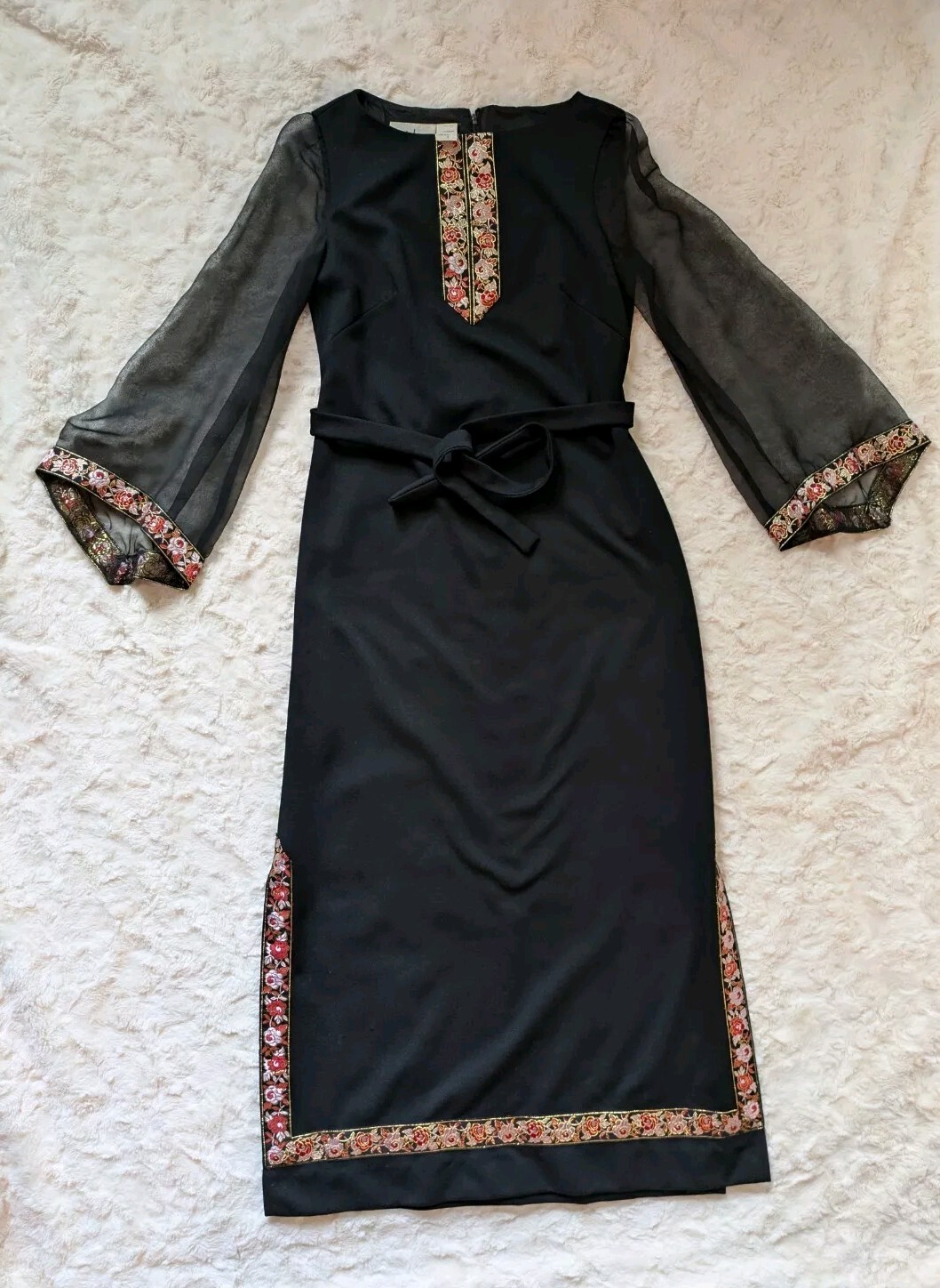 60s/70s L’aiglon Original Black Dress Sheer Sleeves Floral Ribbon Trim