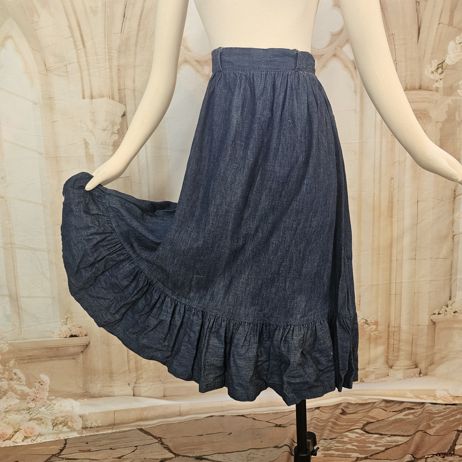 Vintage 1970s Denim Blue Jean Skirt Flowy Swing Ruffled Boho Fairycore Retro