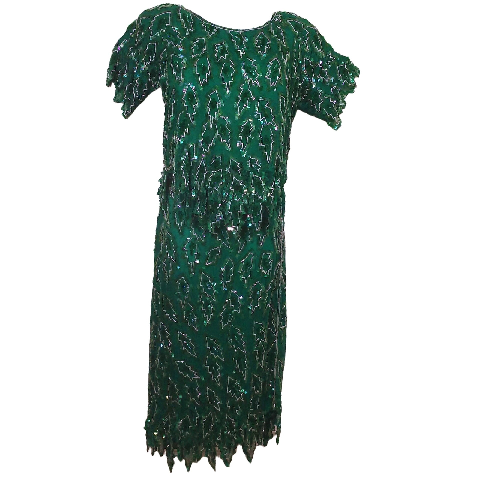 Vintage 80s Scala 2-pc Set Gatsby Silk Sequin Beaded Leafy Blouse Skirt -M Teal