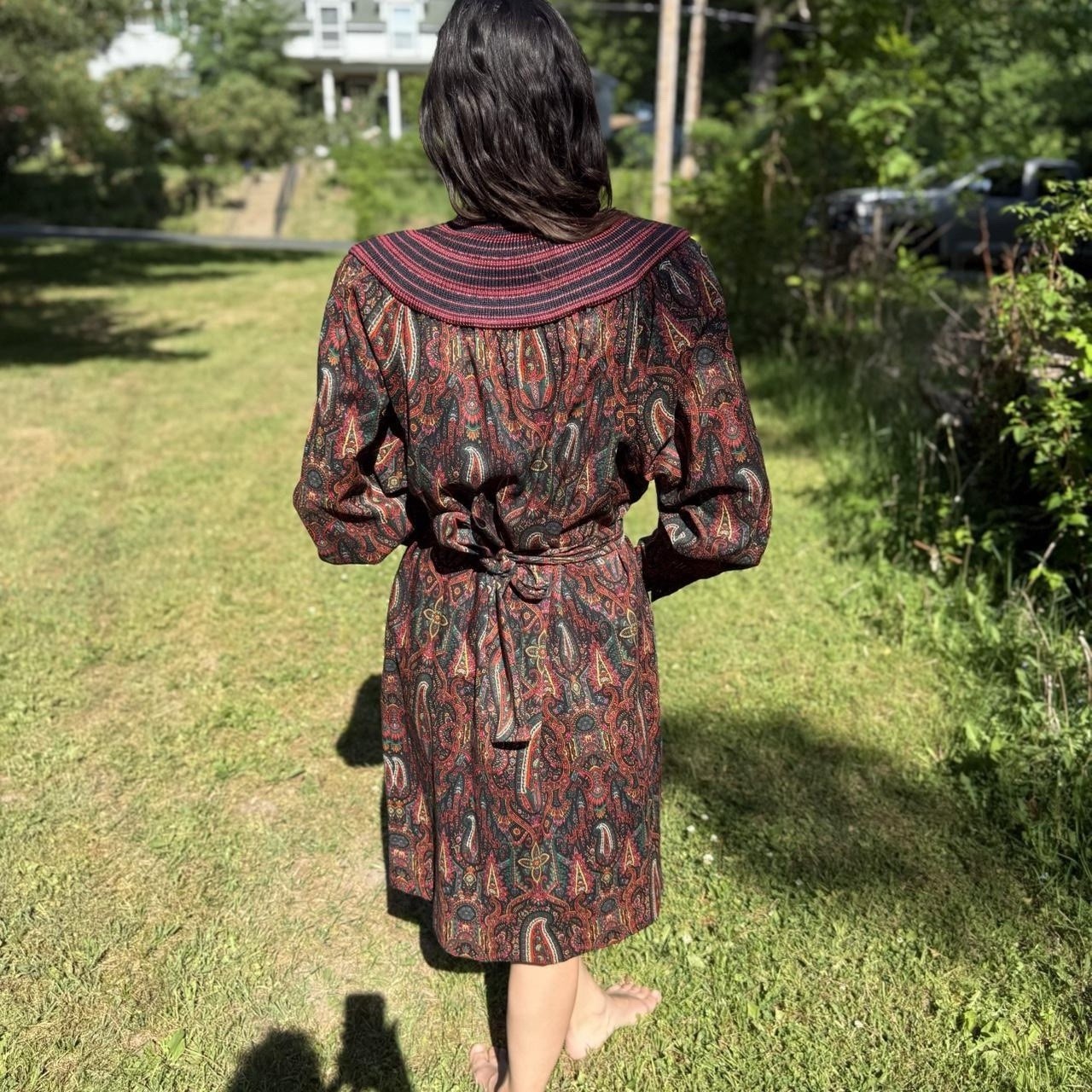 Vintage 80s Hanae Mori Wool Paisley Print Dress Pockets Boho Funky