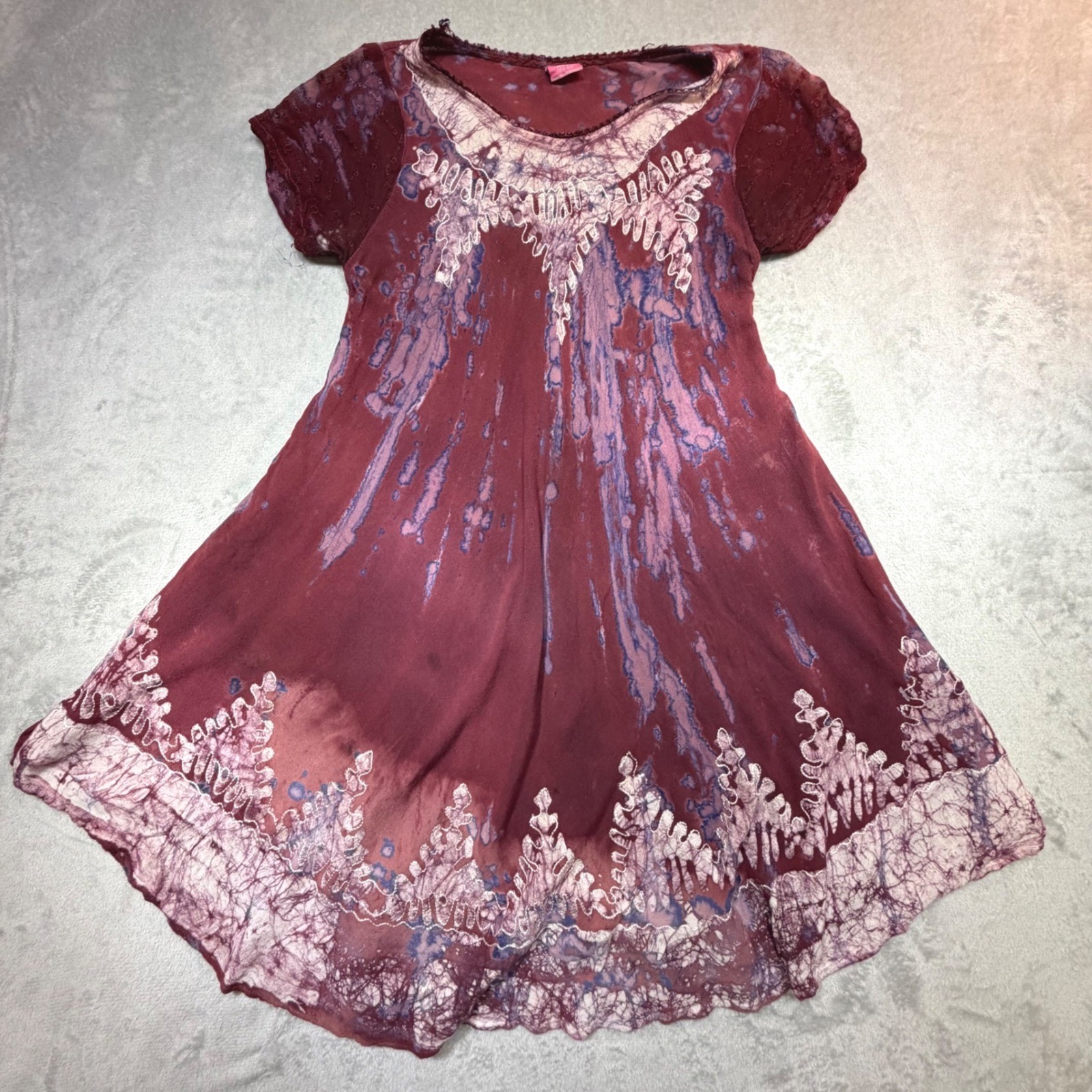 Vintage Fashion Terminal Boho Tie Dye Cotton Dress OS Burgundy 90s Fairycore