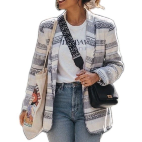 M Y2K Vtg Women Western Aztec Blanket Jacket Yellowstone Denim Blue White Denver